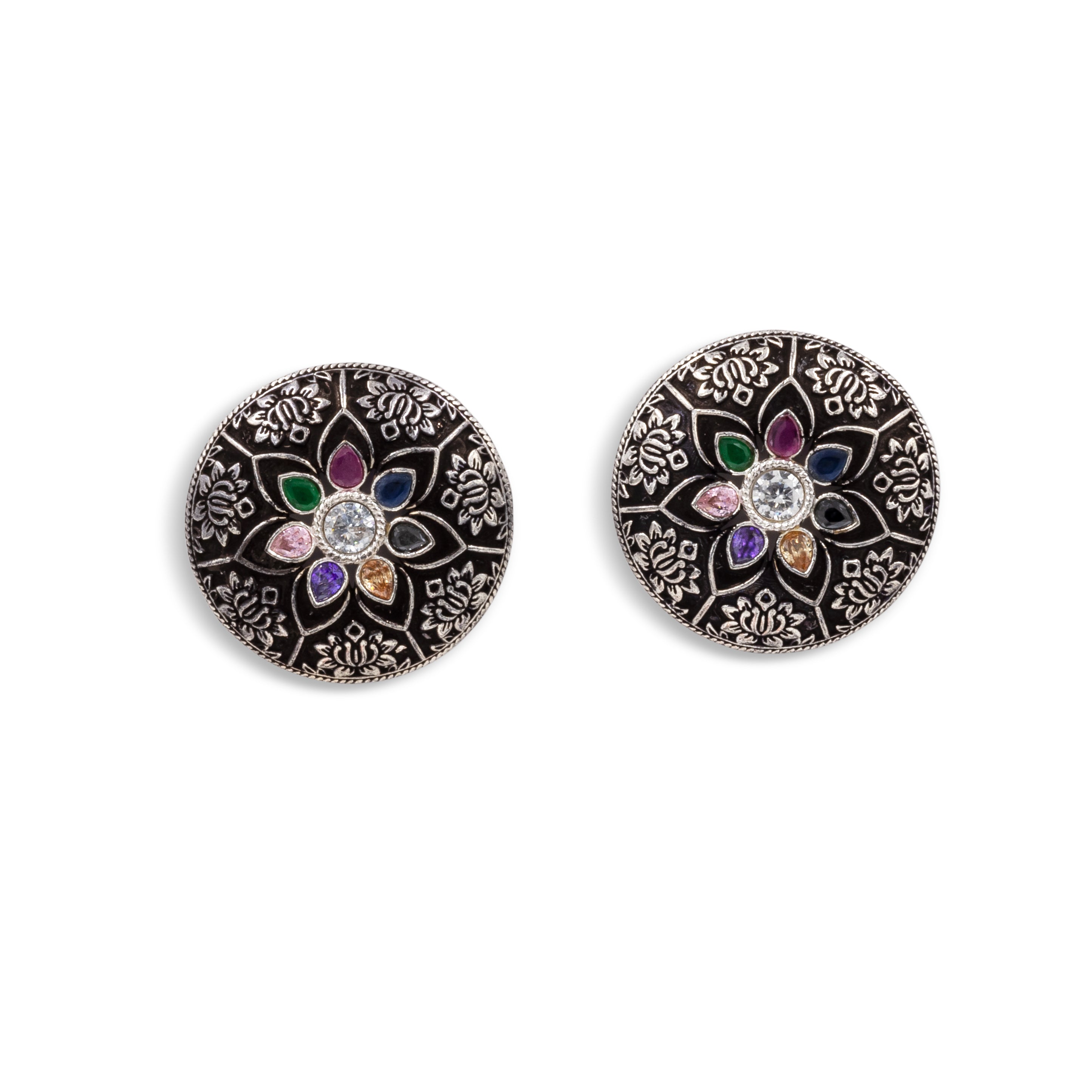 Navrang Oxidized Silver Stud Earrings β Multicolor Floral Design