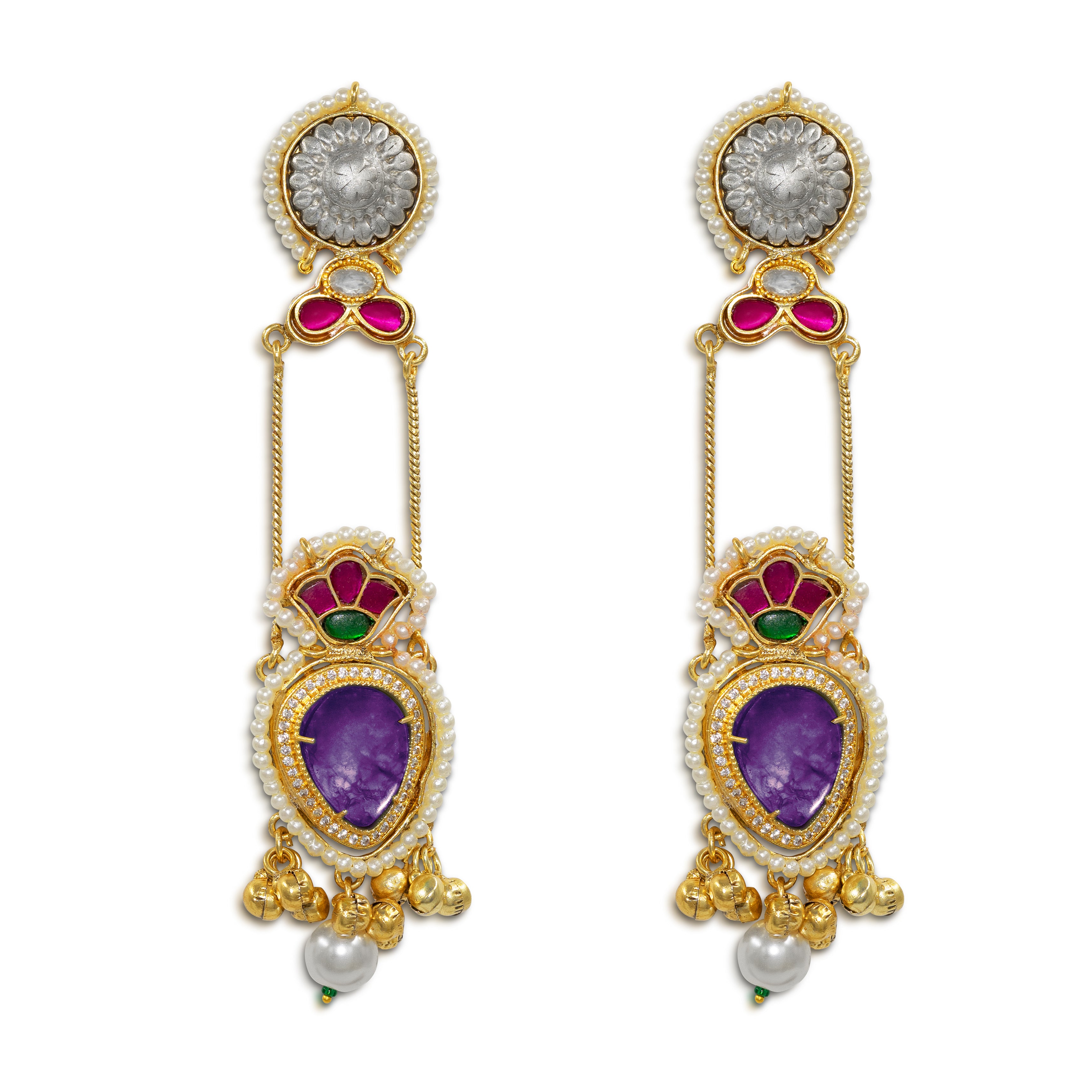 Kashmiri Heritage Drop Earrings with Pearl Accents