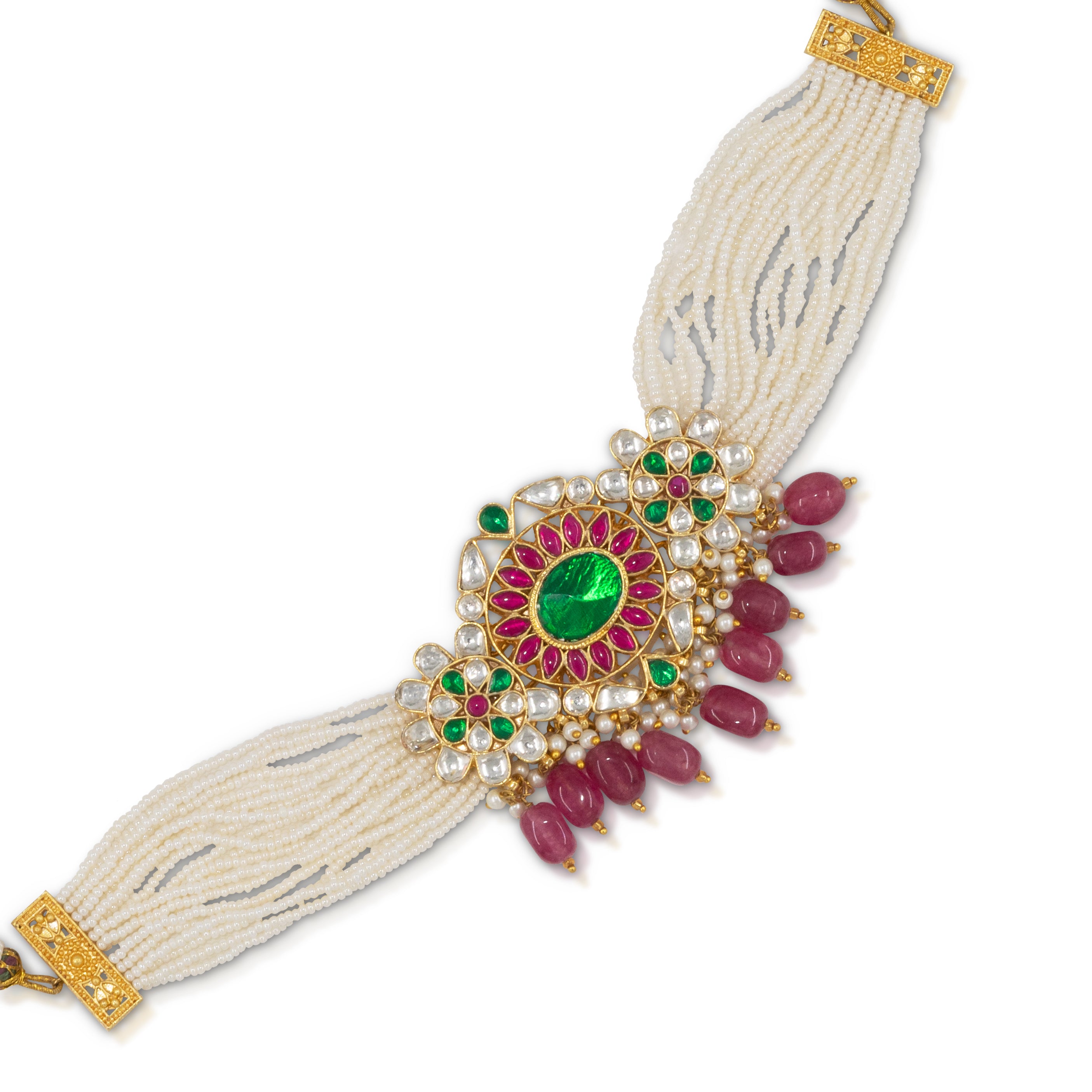 Pacchi Jadau Green Pink Kundan Pearl Necklace Set