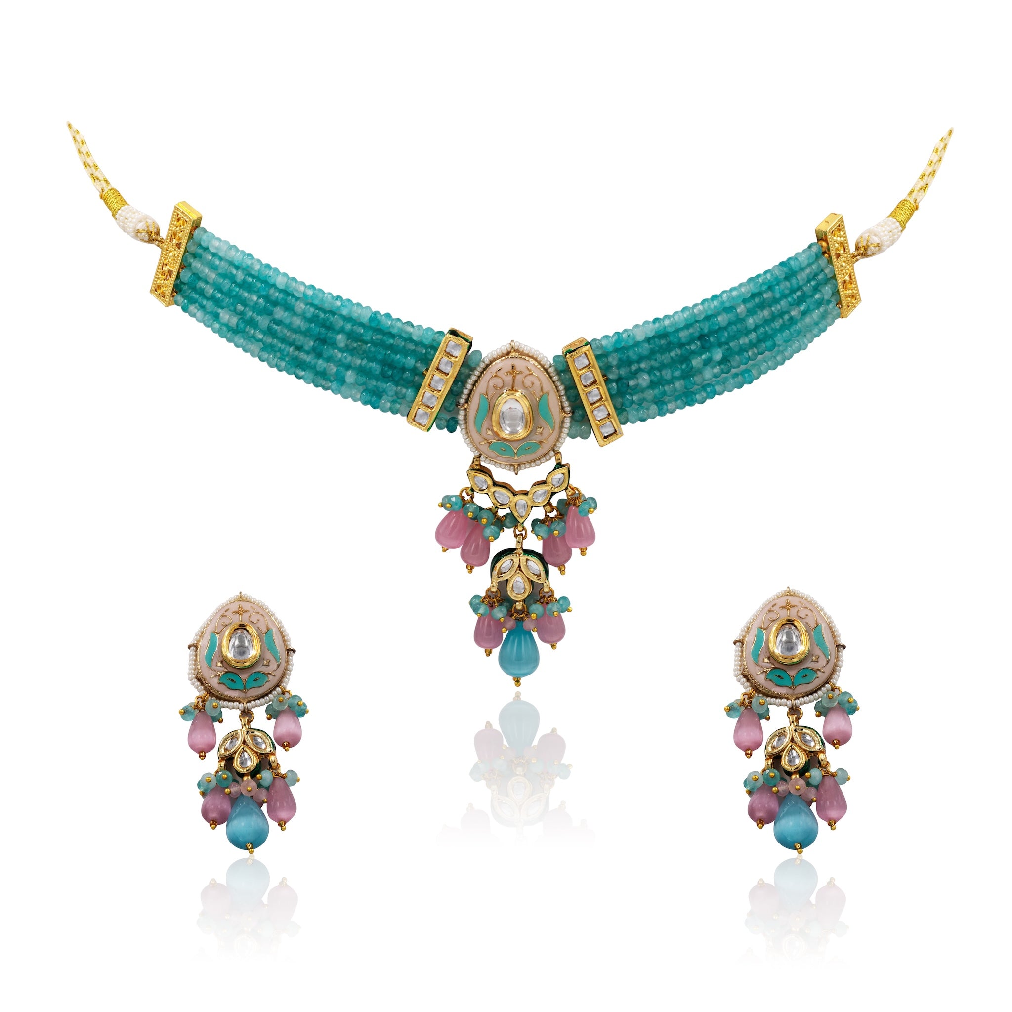 Meenakari Kundan Choker Set – Multi-Strand Beads with Pendant Drop