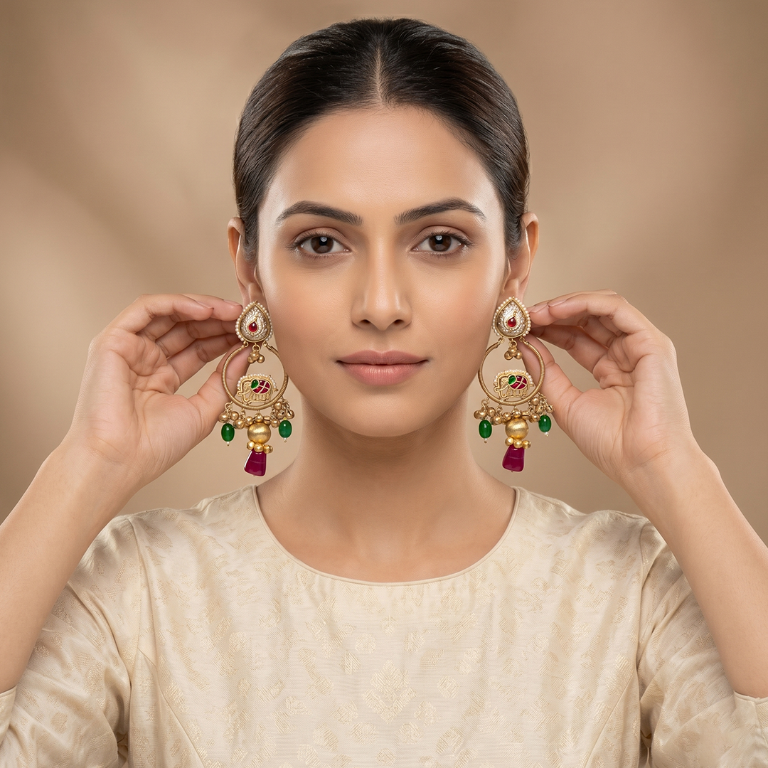 Kashmiri Elephant Hoop Danglers with Bead Drops
