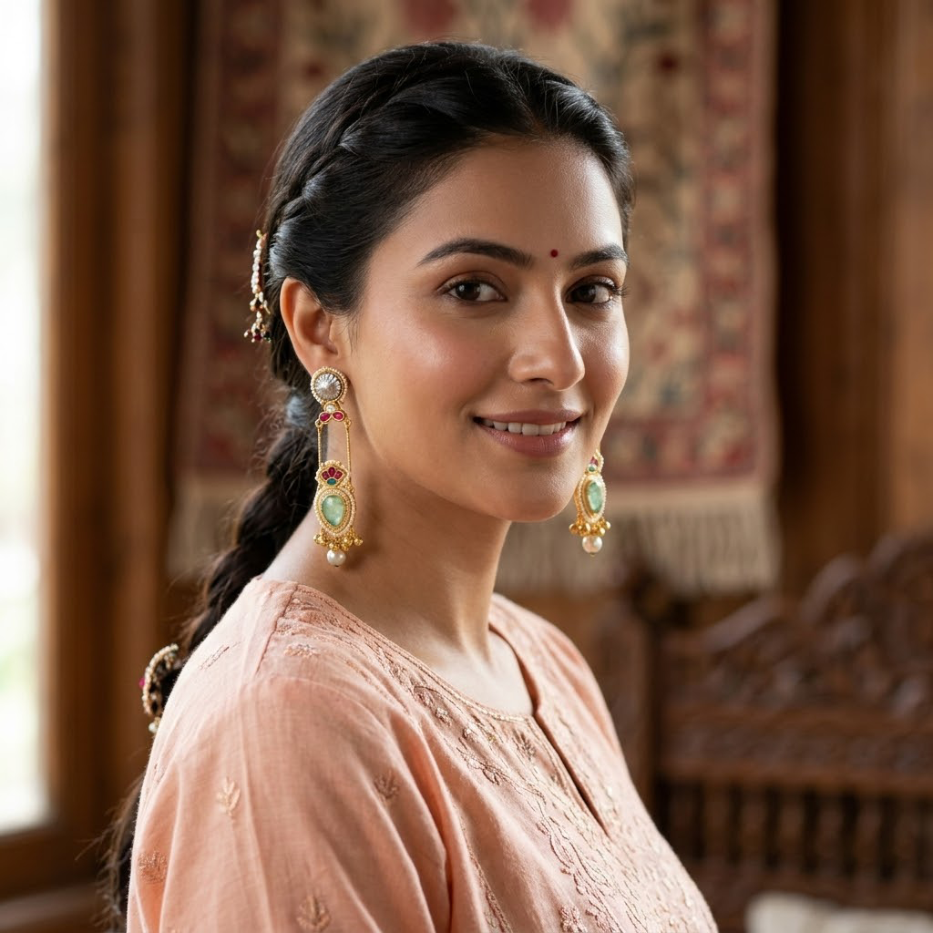 Kashmiri Heritage Drop Earrings with Pearl Accents