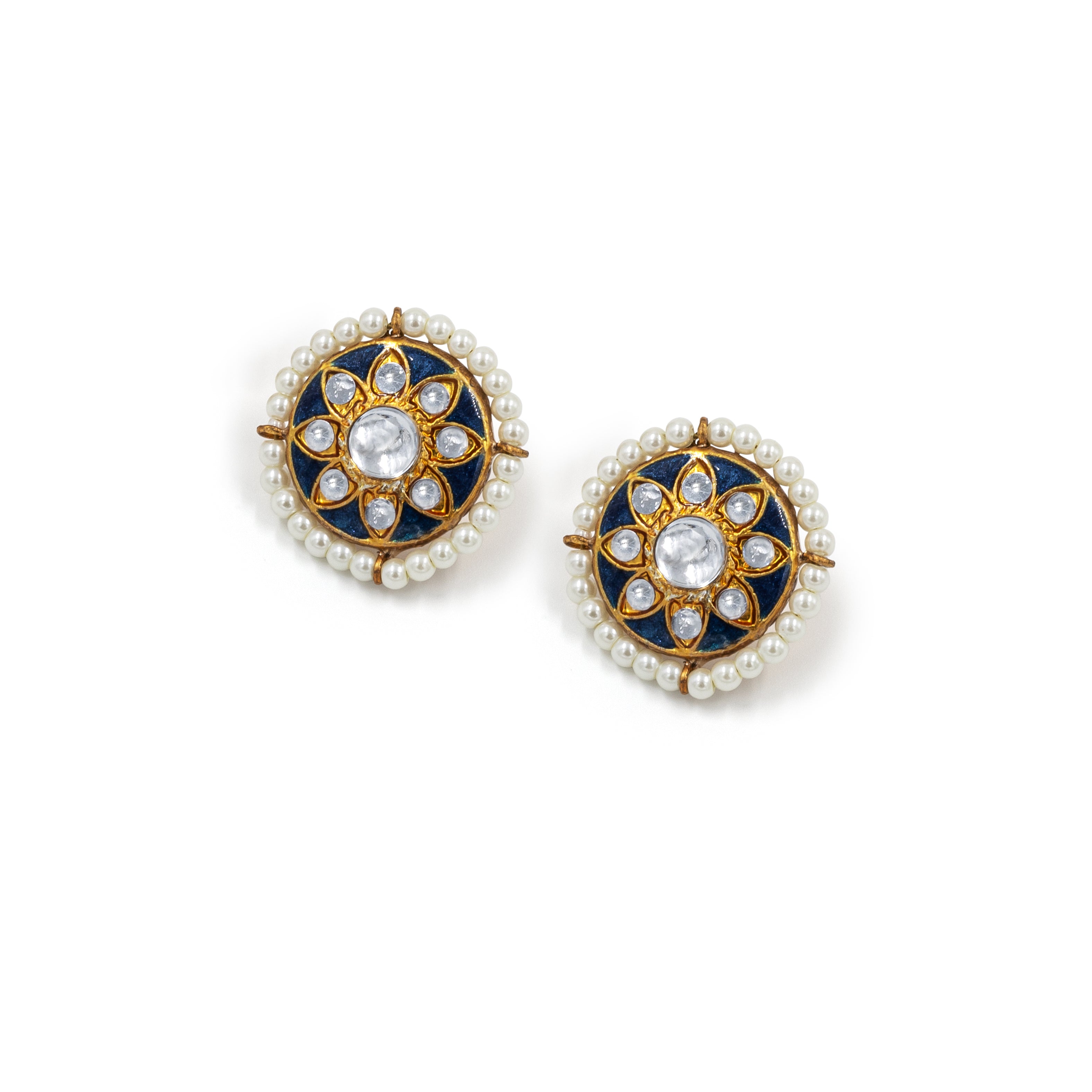Kundan Pearl Lotus Choker Set – Enamel Centerpiece with Polki Drop