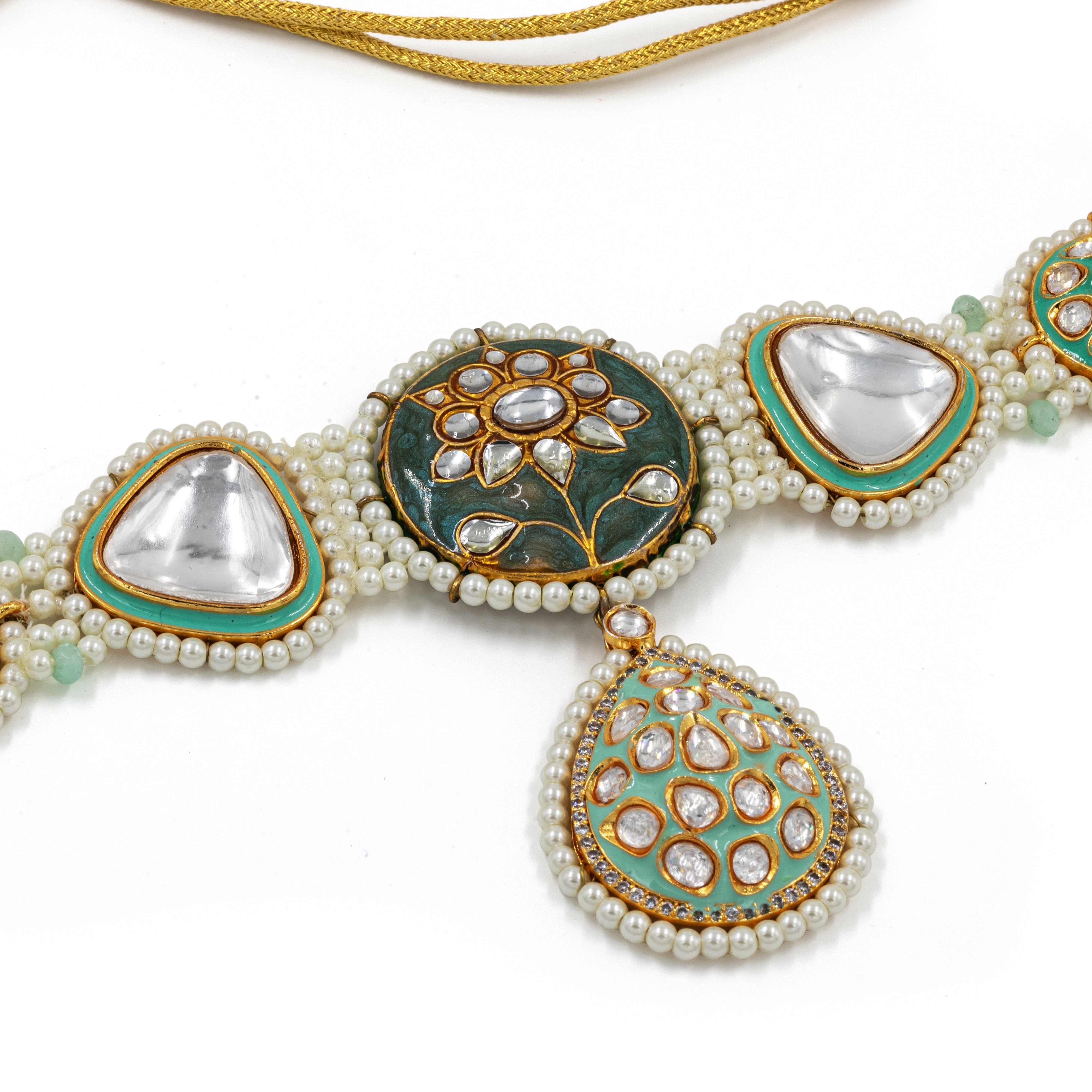 Kundan Pearl Lotus Choker Set – Enamel Centerpiece with Polki Drop