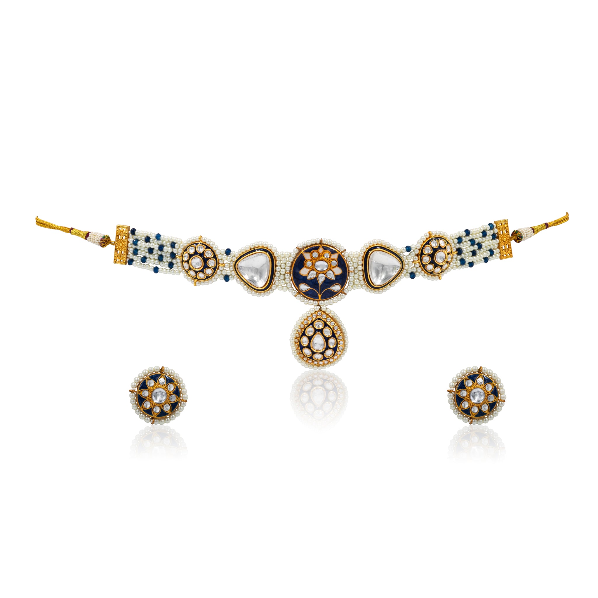 Kundan Pearl Lotus Choker Set – Enamel Centerpiece with Polki Drop