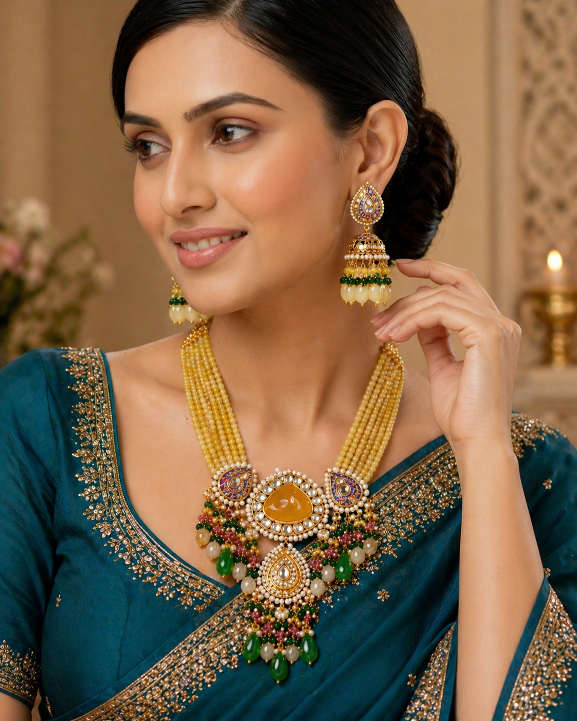 Sunshine Yellow Meenakari Kundan Necklace Set β Multi-Colored Bead Drops