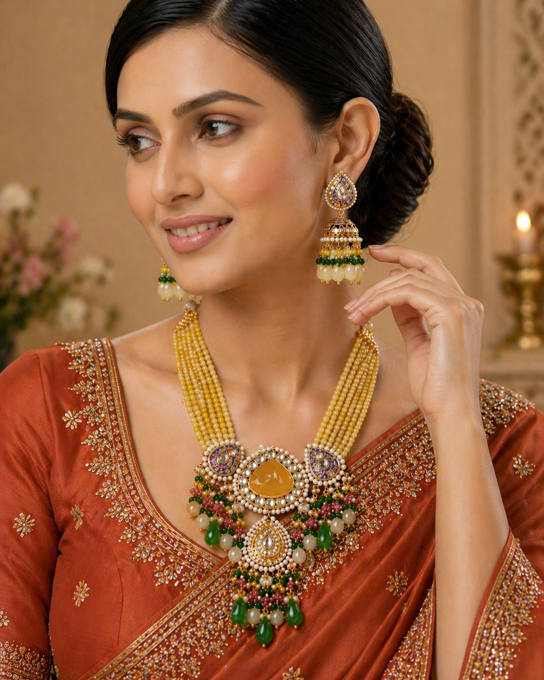 Sunshine Yellow Meenakari Kundan Necklace Set β Multi-Colored Bead Drops