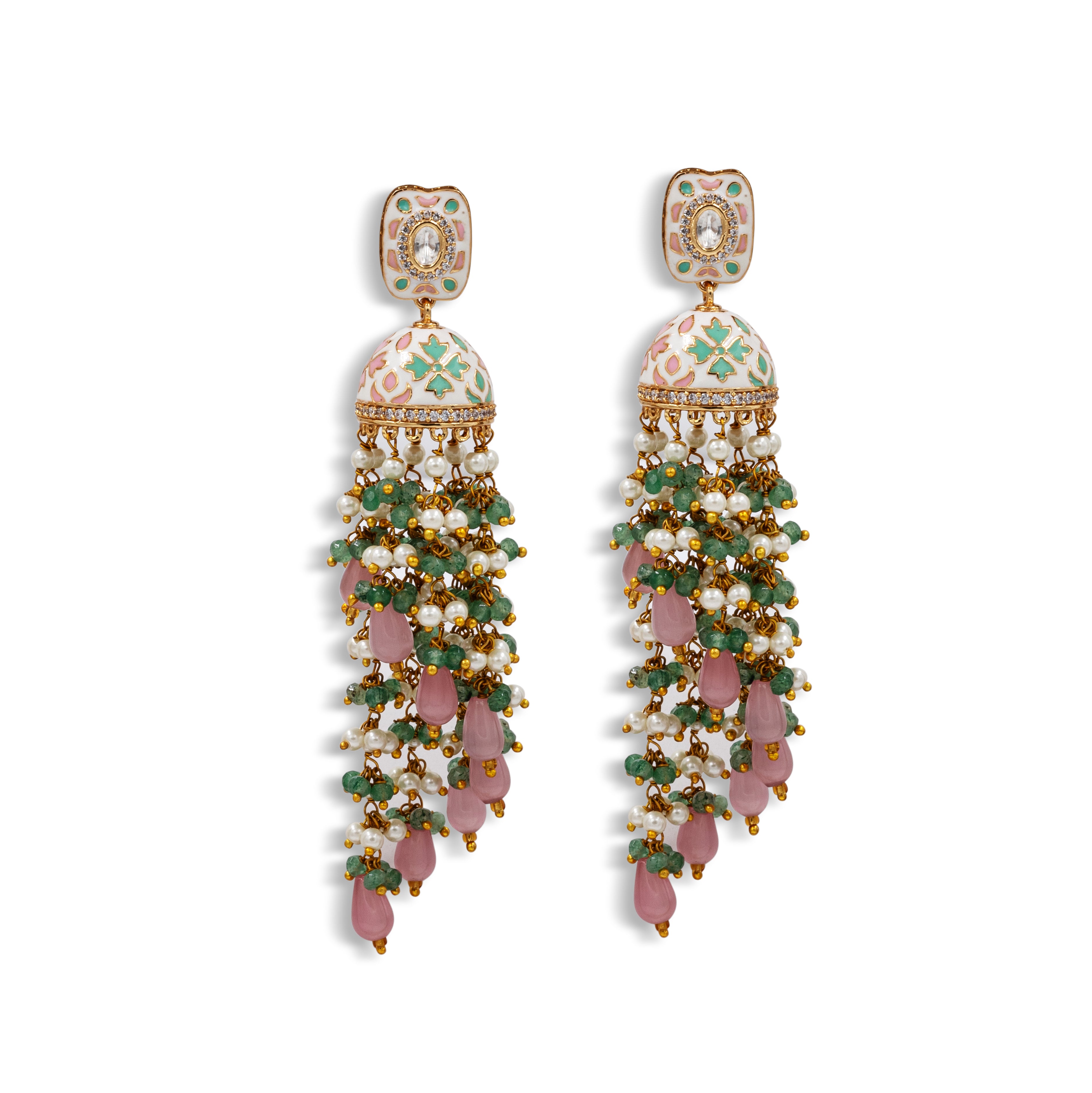 Meenakari Jhumka Earrings – Hand-Painted Dome with Pearl Tassels