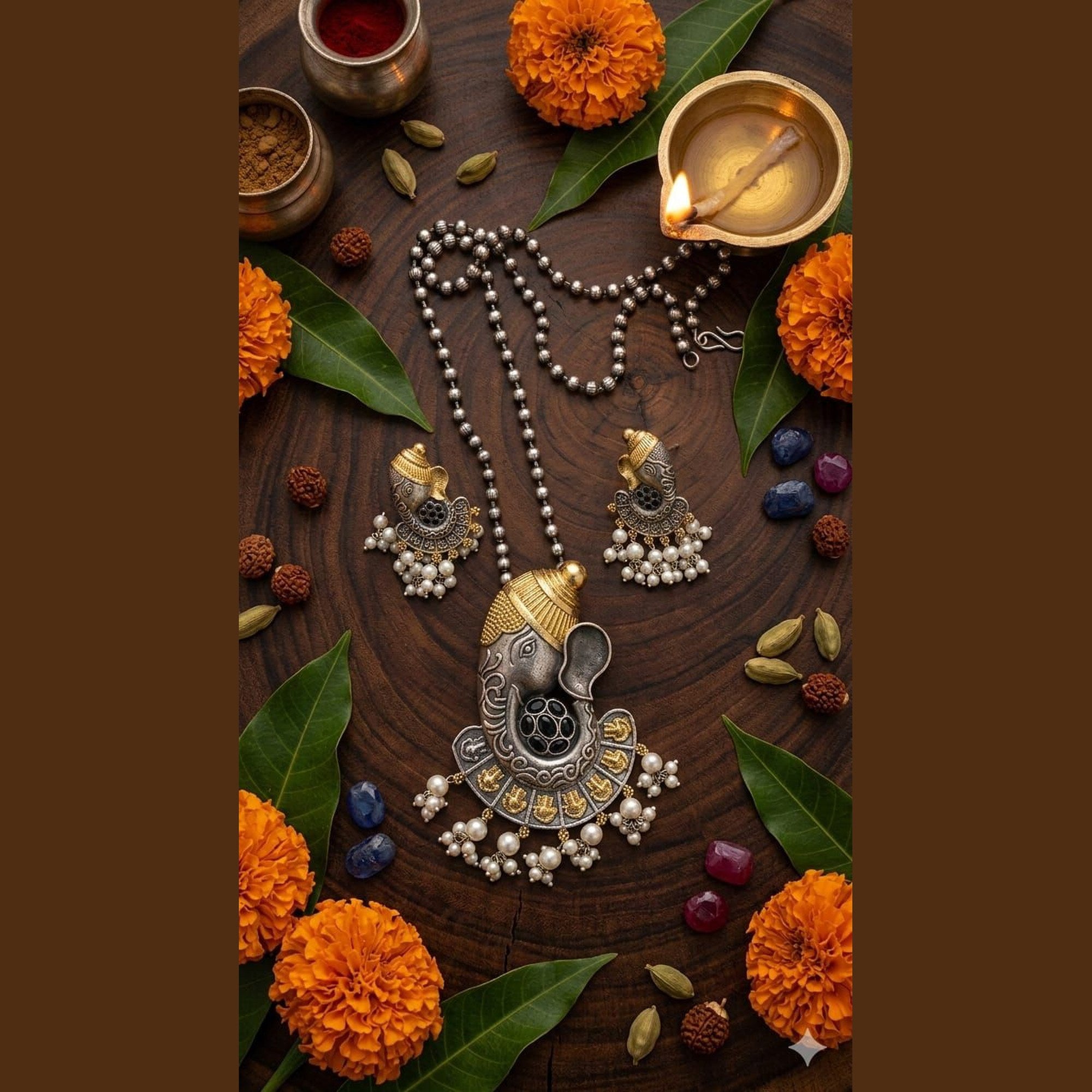 Ganesha Temple Oxidized Pendant Set