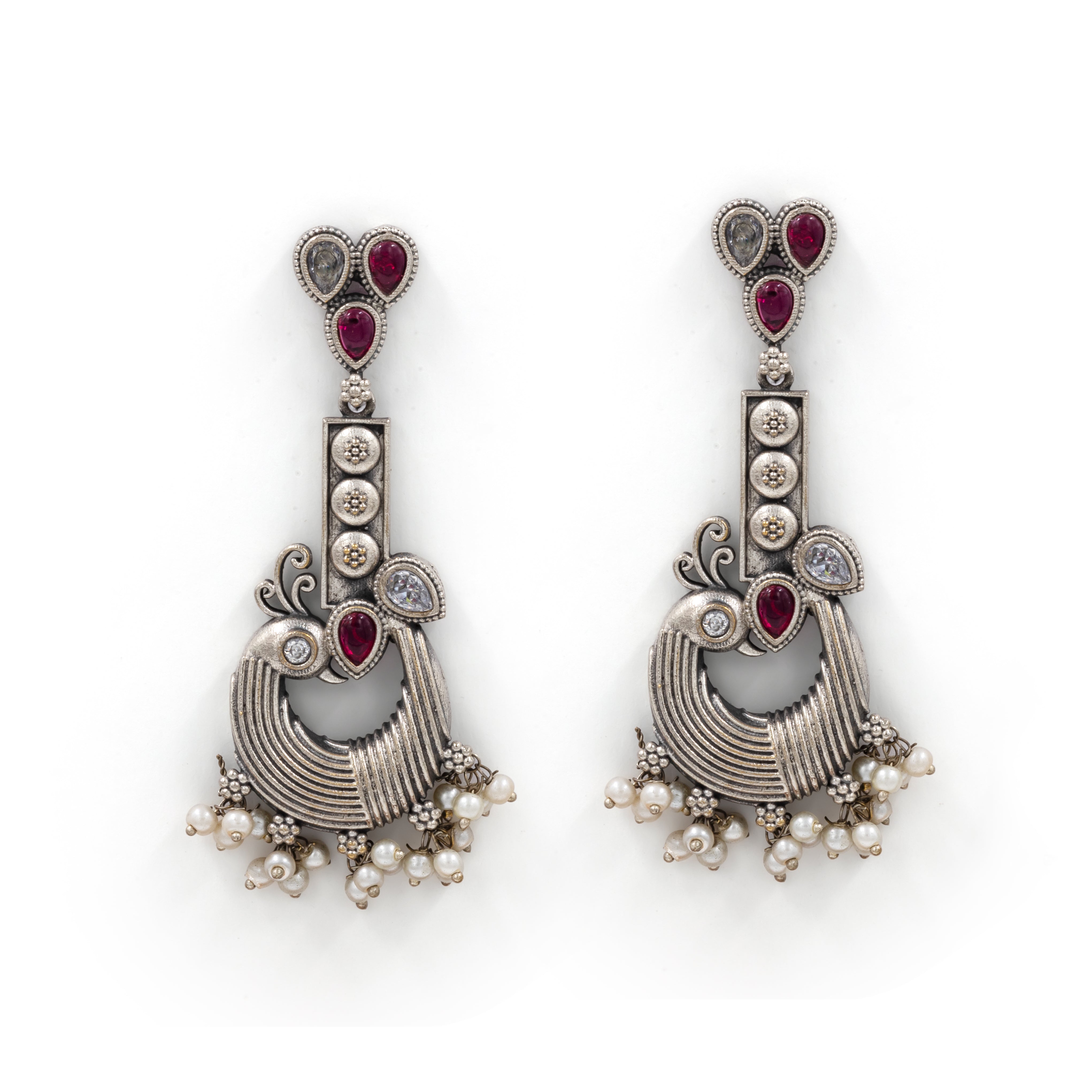 Oxidized Amrapali Peacock Earrings β Ruby Accents & Pearl Drops