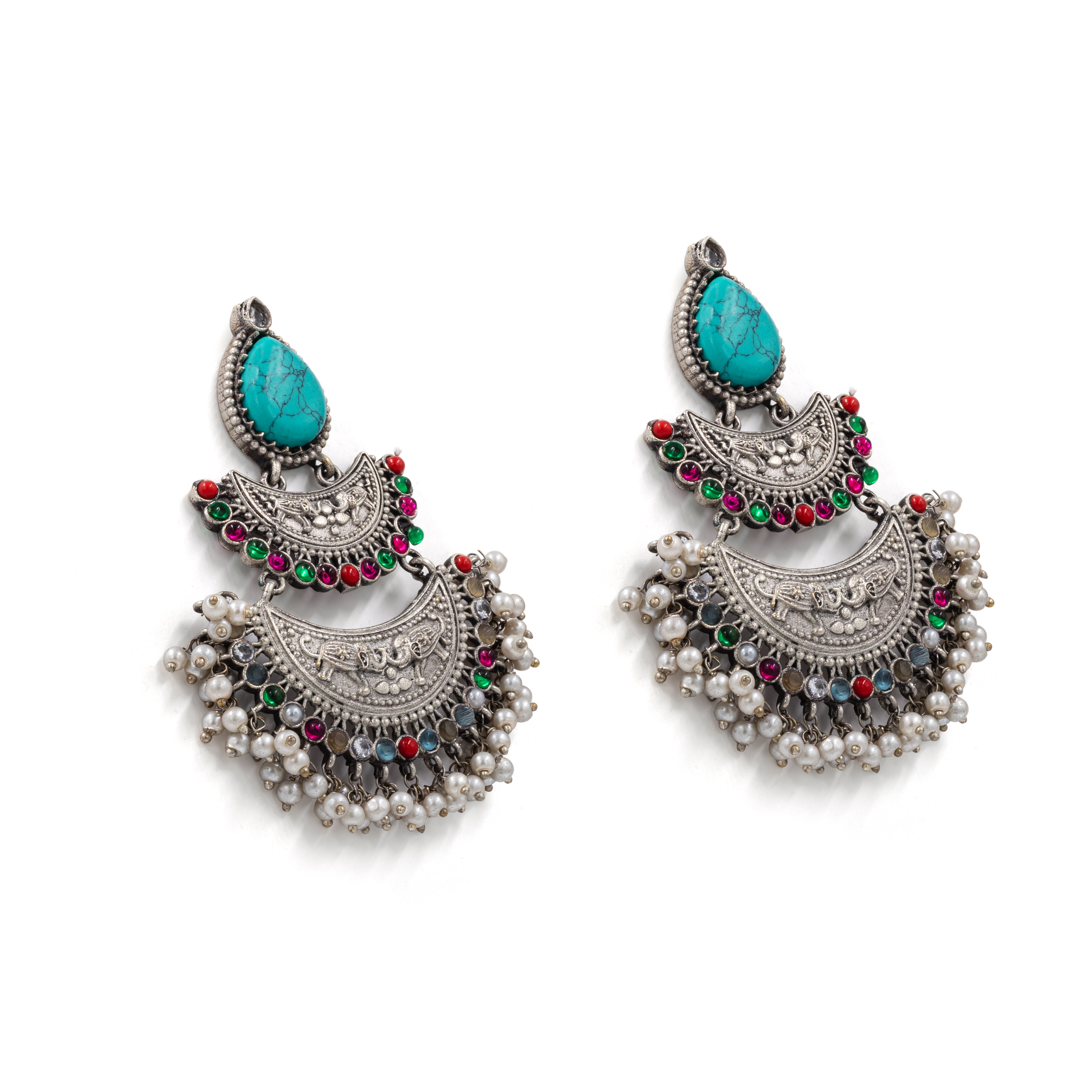 Oxidized Silver Chandbali Earrings – Pearl Fringe & Stone Drops