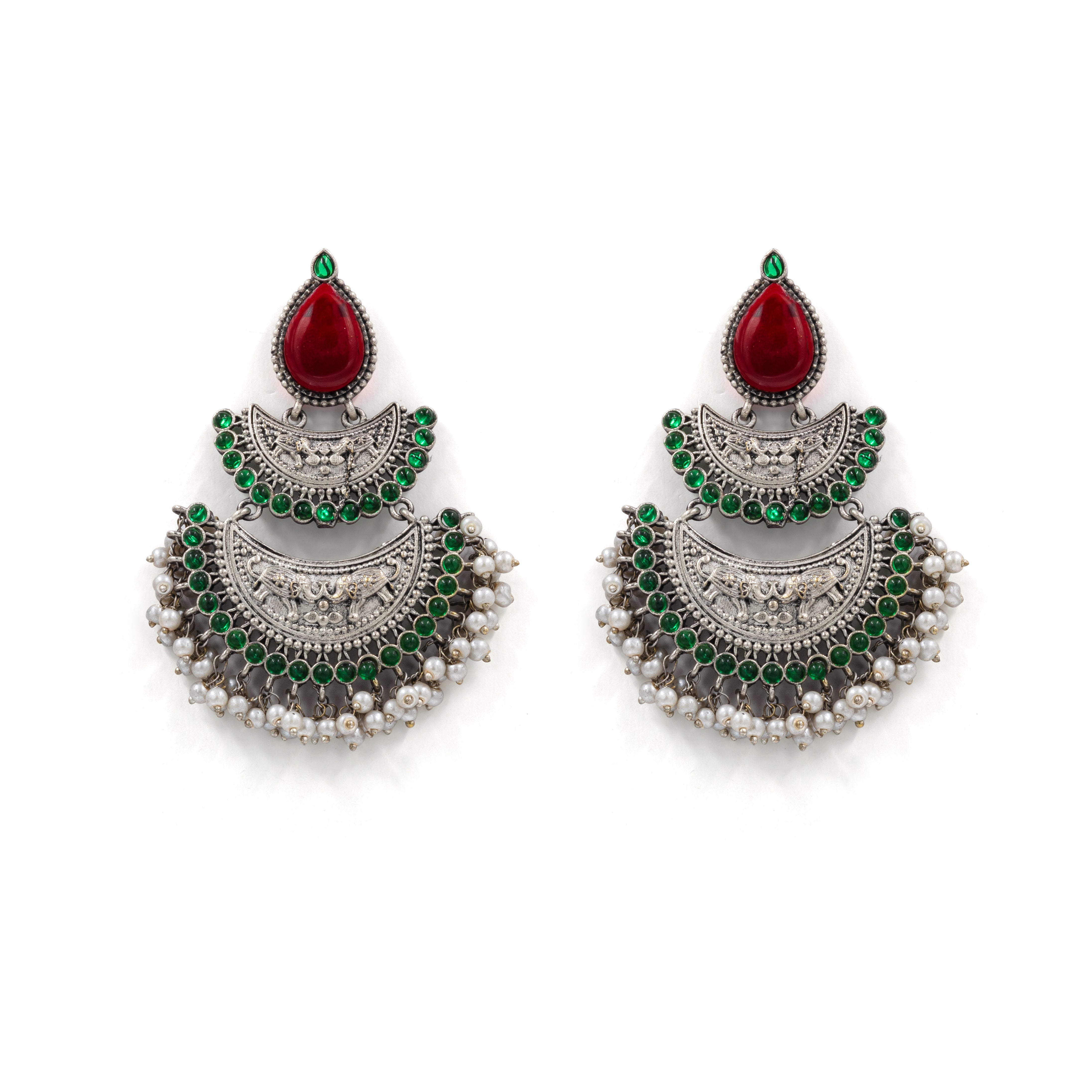 Oxidized Silver Chandbali Earrings – Pearl Fringe & Stone Drops