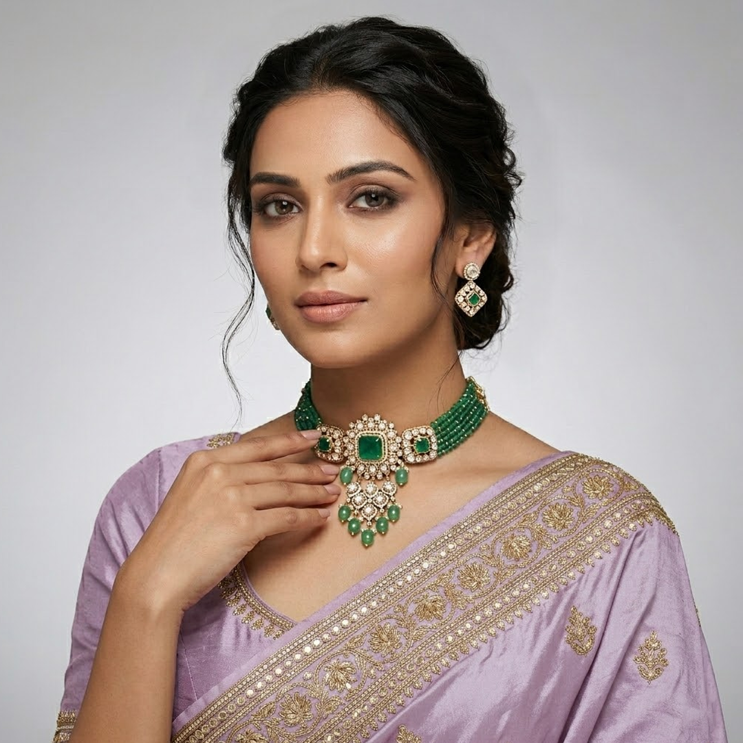 Emerald Polki Geometric Statement Set – Modern Diamond-Look Bridal Necklace