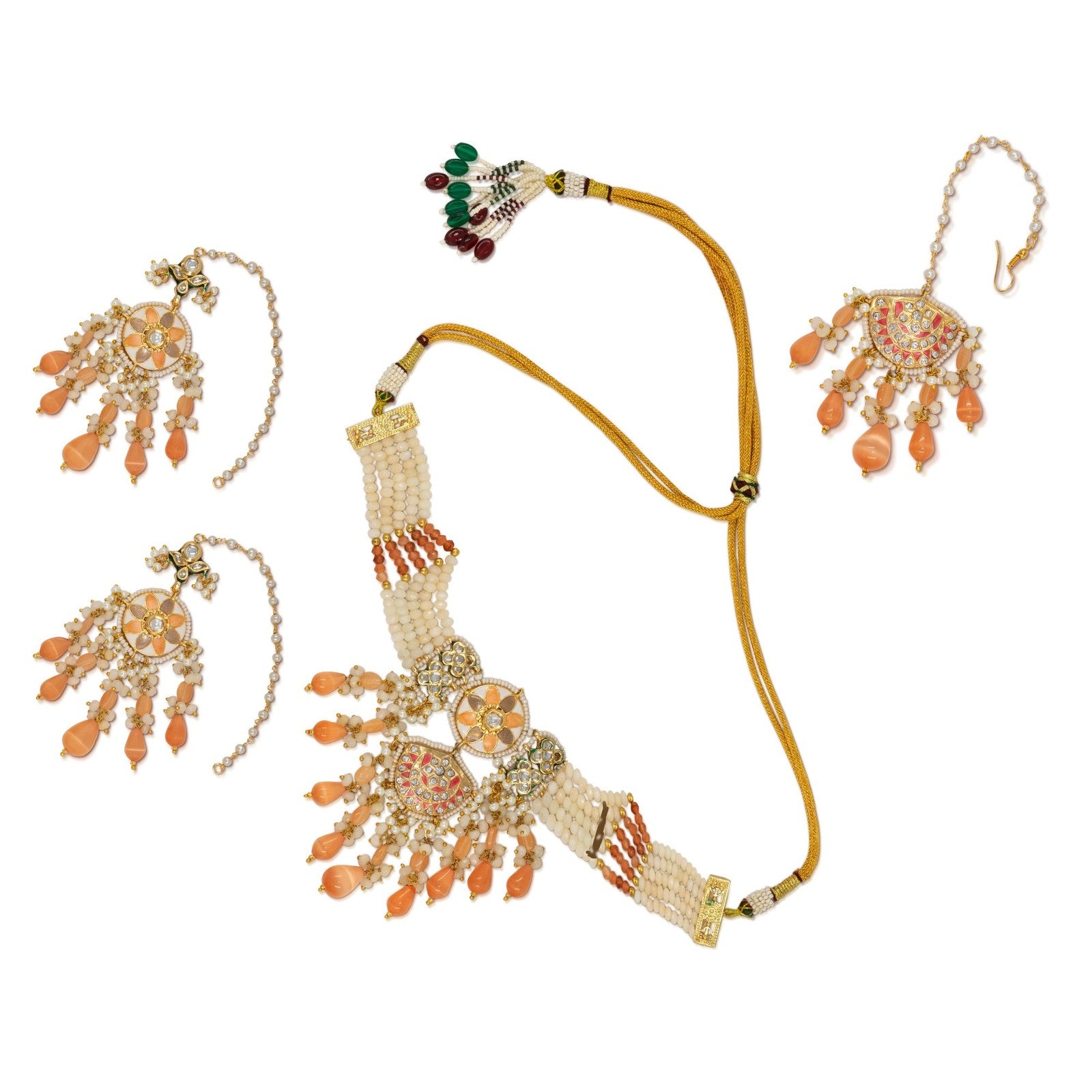 Meenakari Kundan Necklace Set with Tikka – Multi-Strand Beads