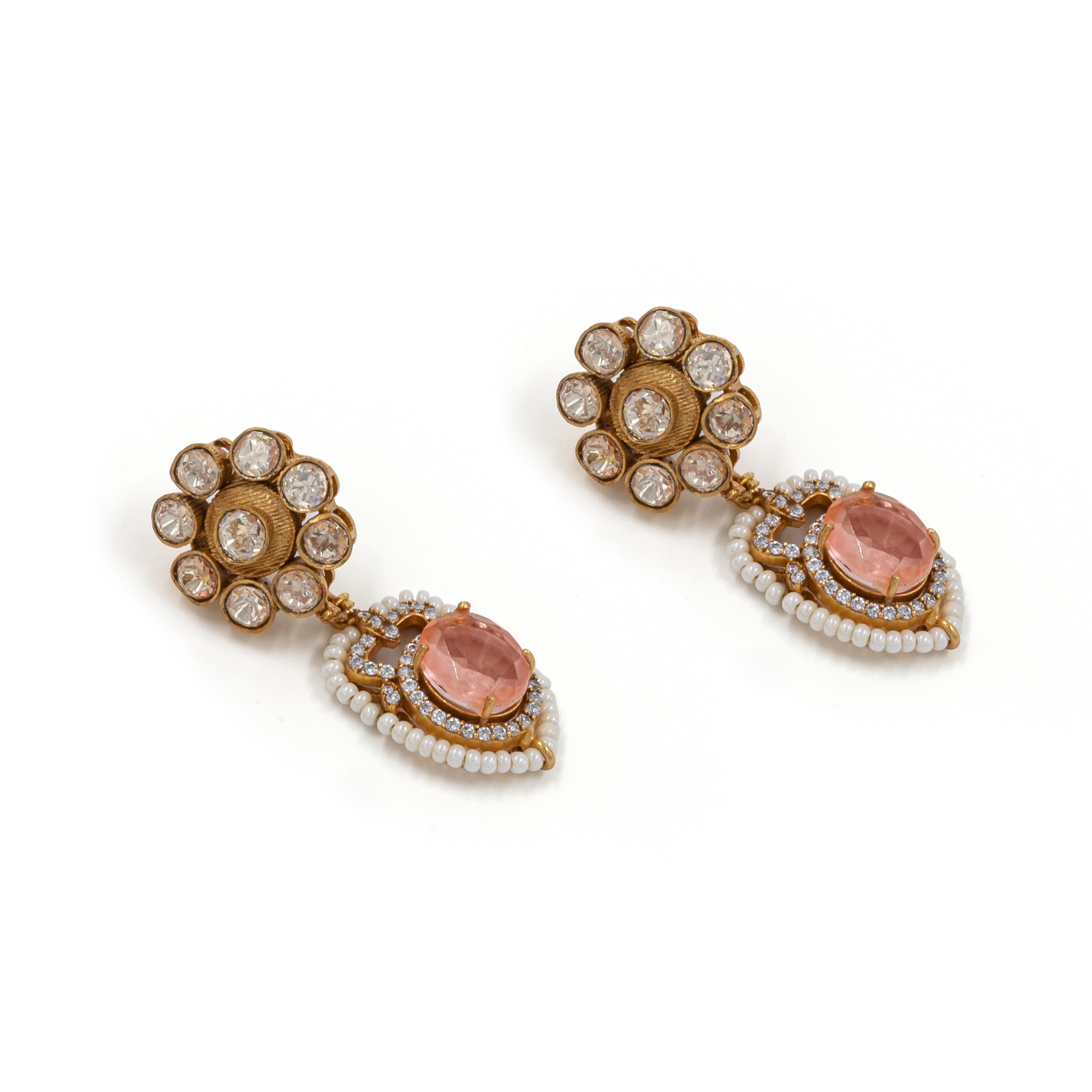 Grey & Pink Polki Long Choker Set β Crystal Diamonds & Multistrand Beads