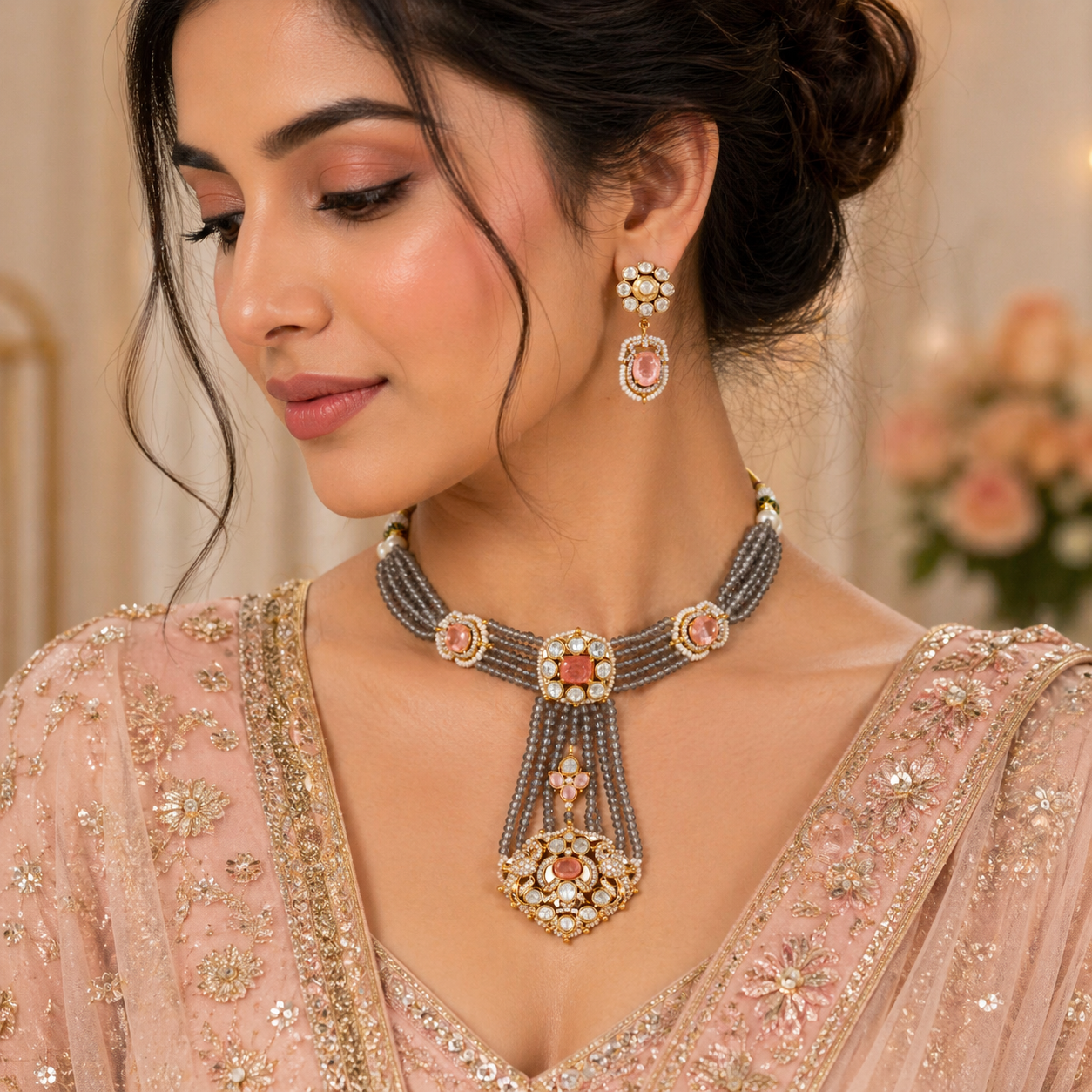 Grey & Pink Polki Long Choker Set β Crystal Diamonds & Multistrand Beads