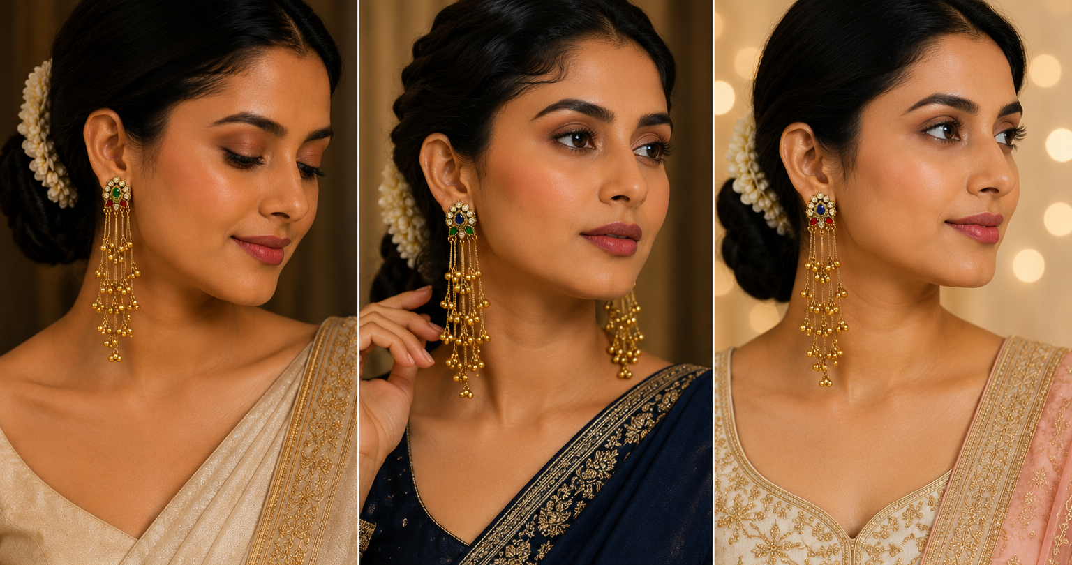Kashmiri Ghungroo Tassel Earrings – Polki Stud with Green & Ruby Accents