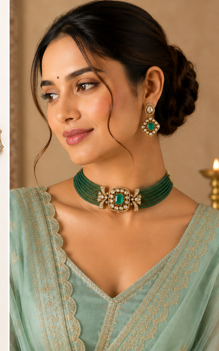 Emerald Moissanite Polki Choker Set