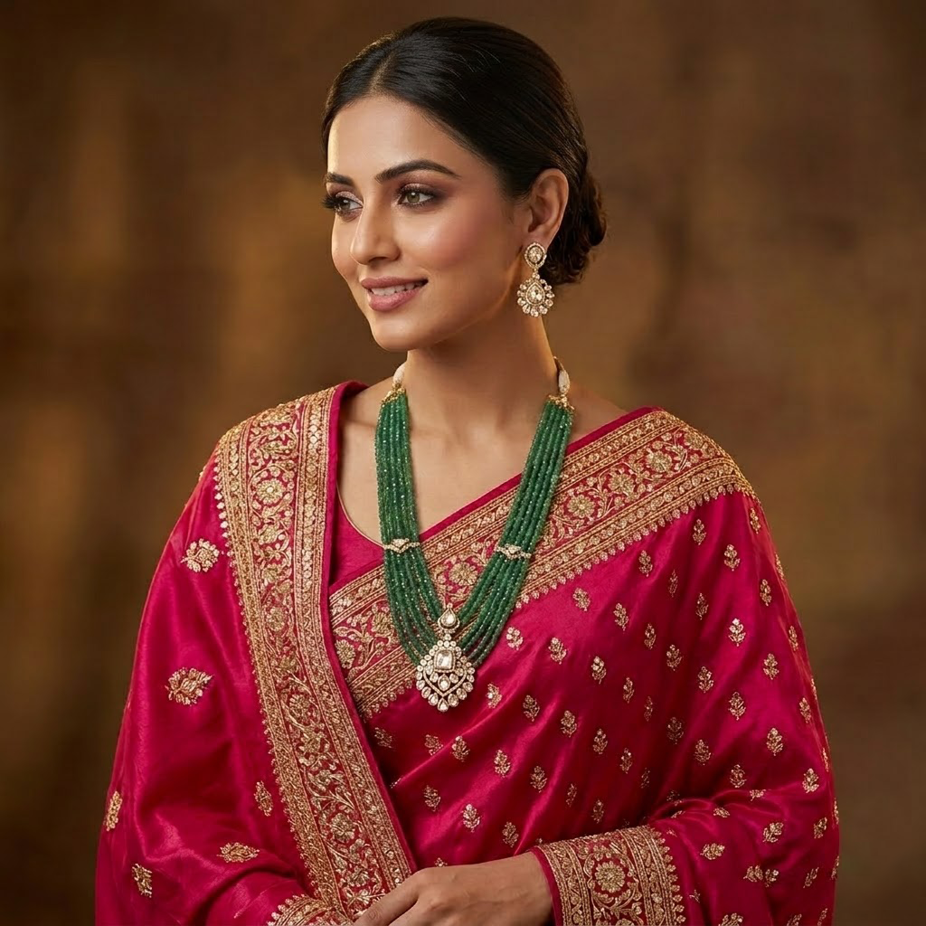 Royal Emerald Bridal Necklace Set – Diamond-Look Polki with Multi-Strand Beads"