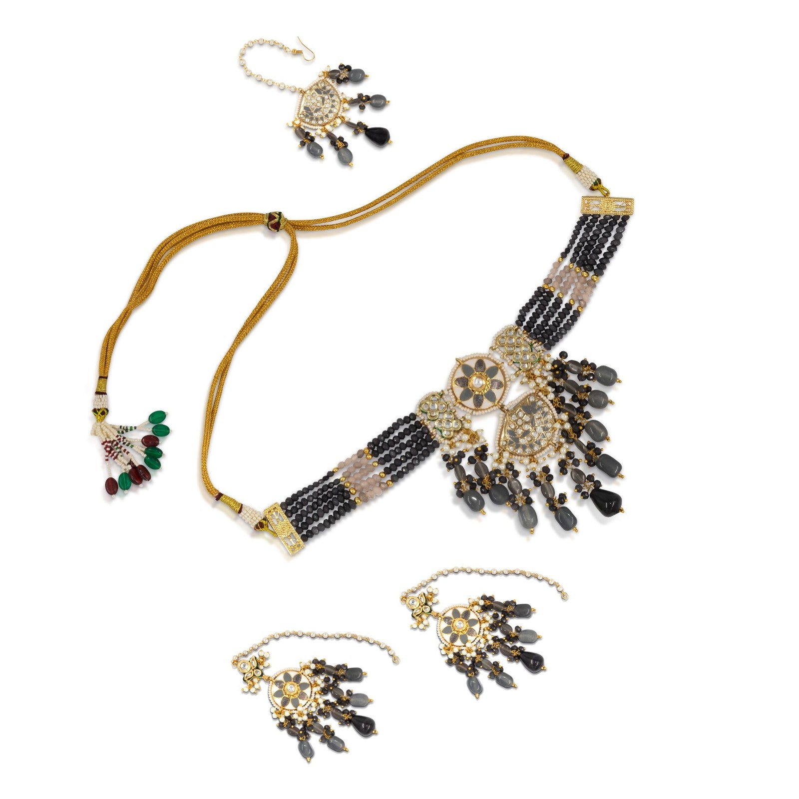 Meenakari Kundan Necklace Set with Tikka – Multi-Strand Beads