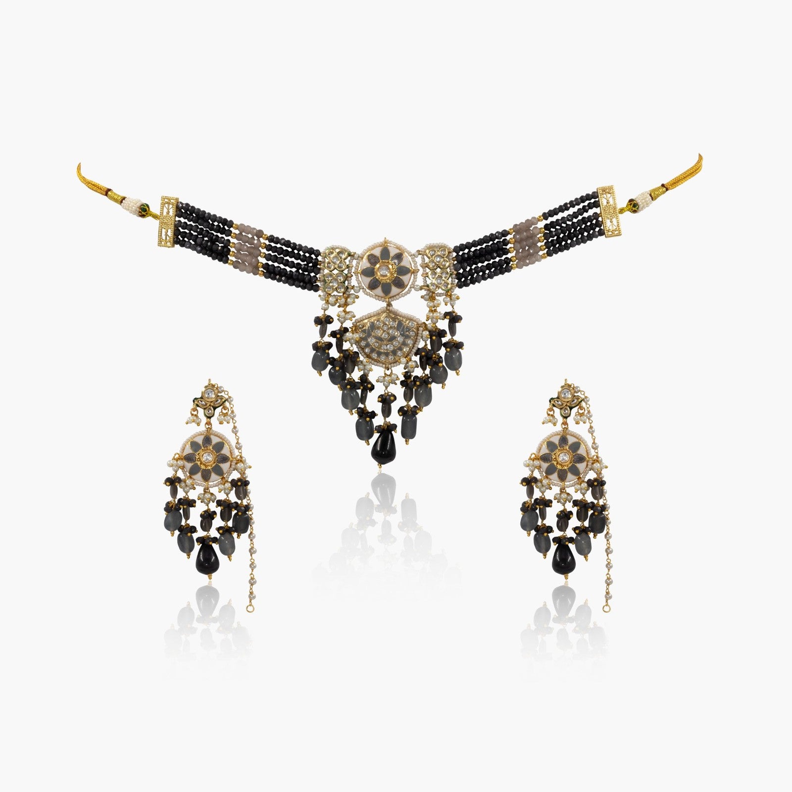 Meenakari Kundan Necklace Set with Tikka – Multi-Strand Beads