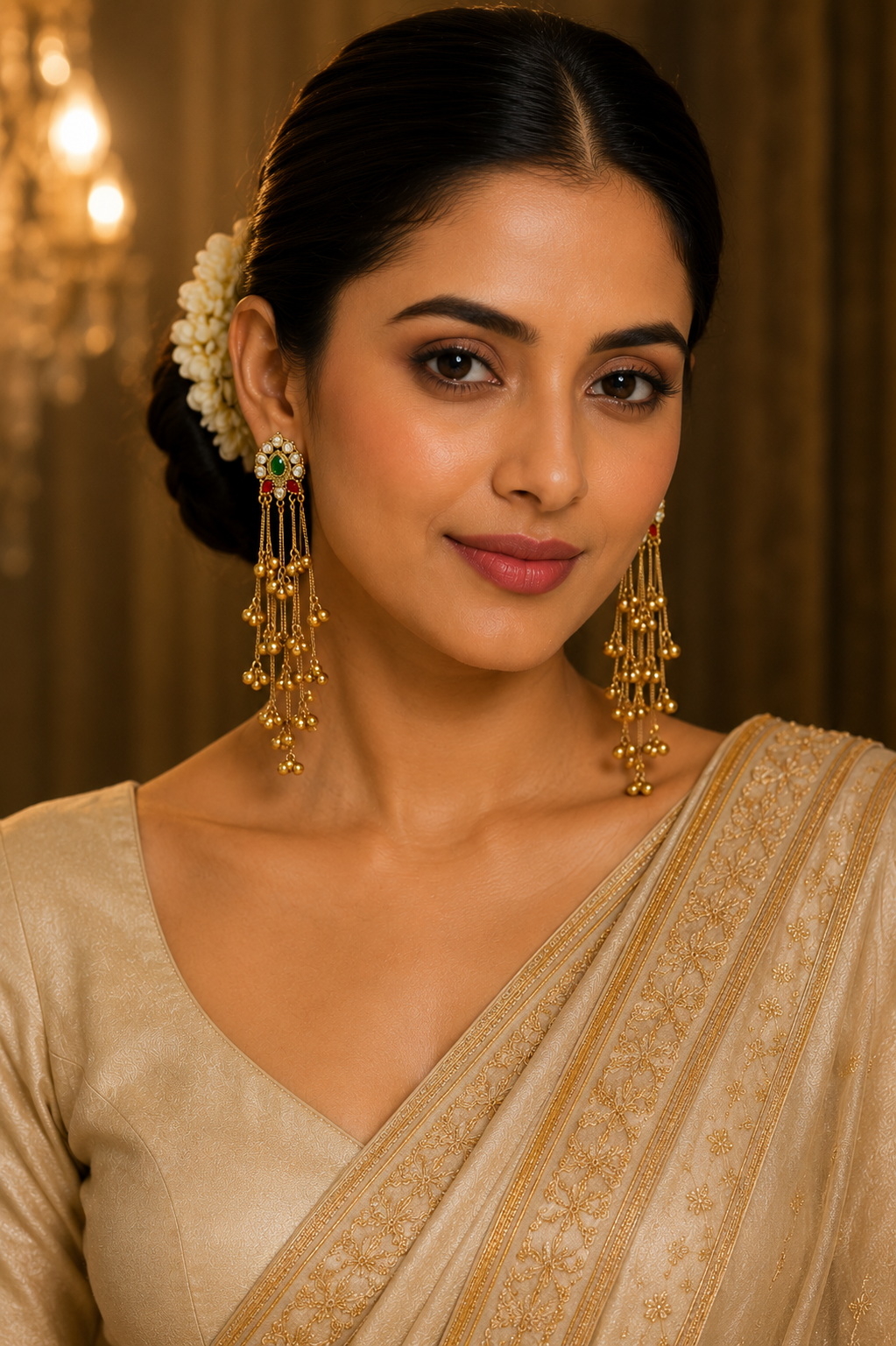 Kashmiri Ghungroo Tassel Earrings – Polki Stud with Green & Ruby Accents