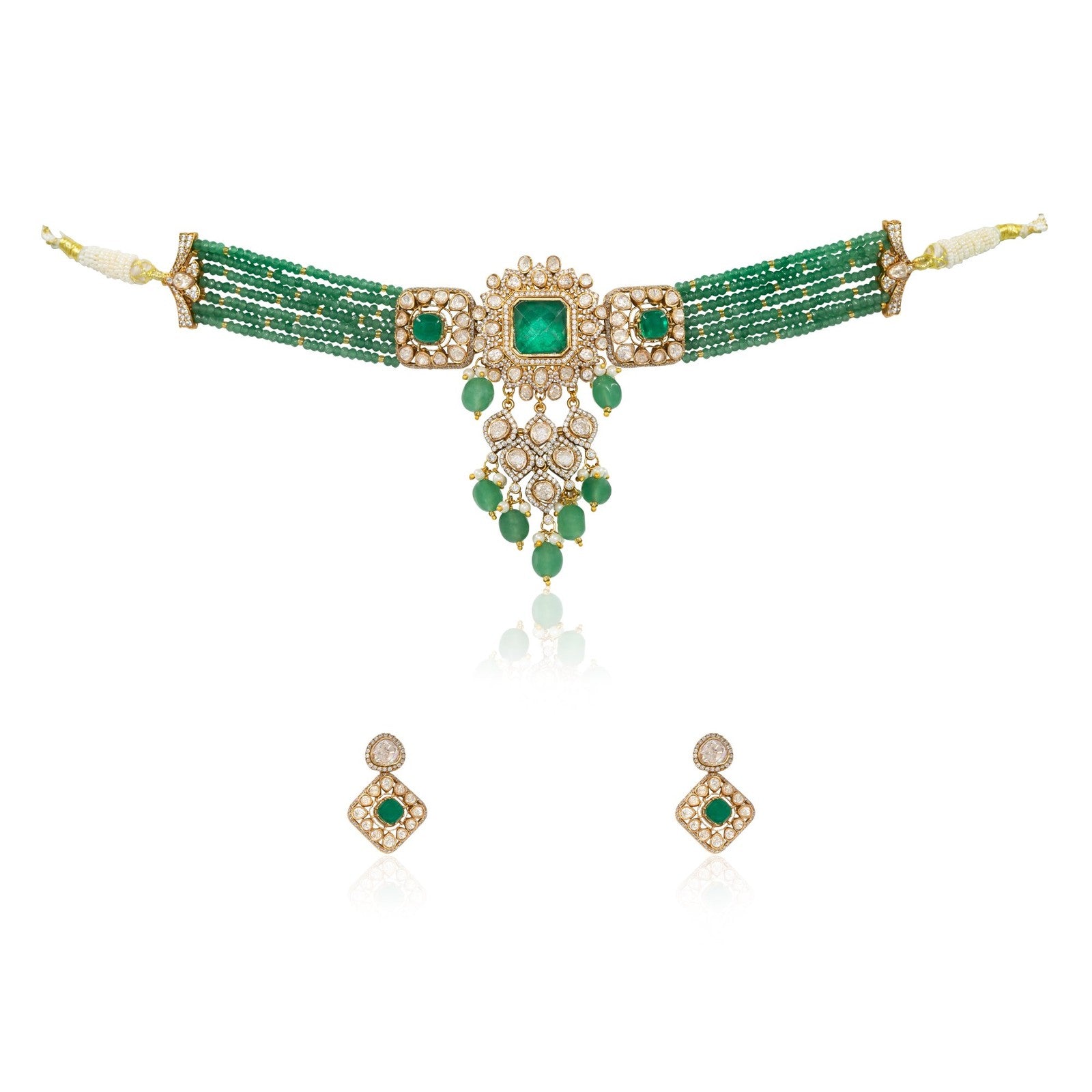 Emerald Polki Geometric Statement Set – Modern Diamond-Look Bridal Necklace
