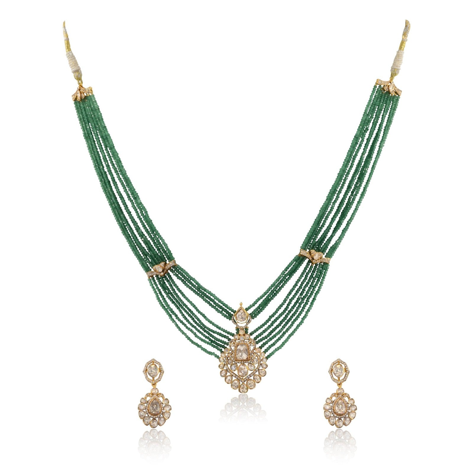 Royal Emerald Bridal Necklace Set – Diamond-Look Polki with Multi-Strand Beads"
