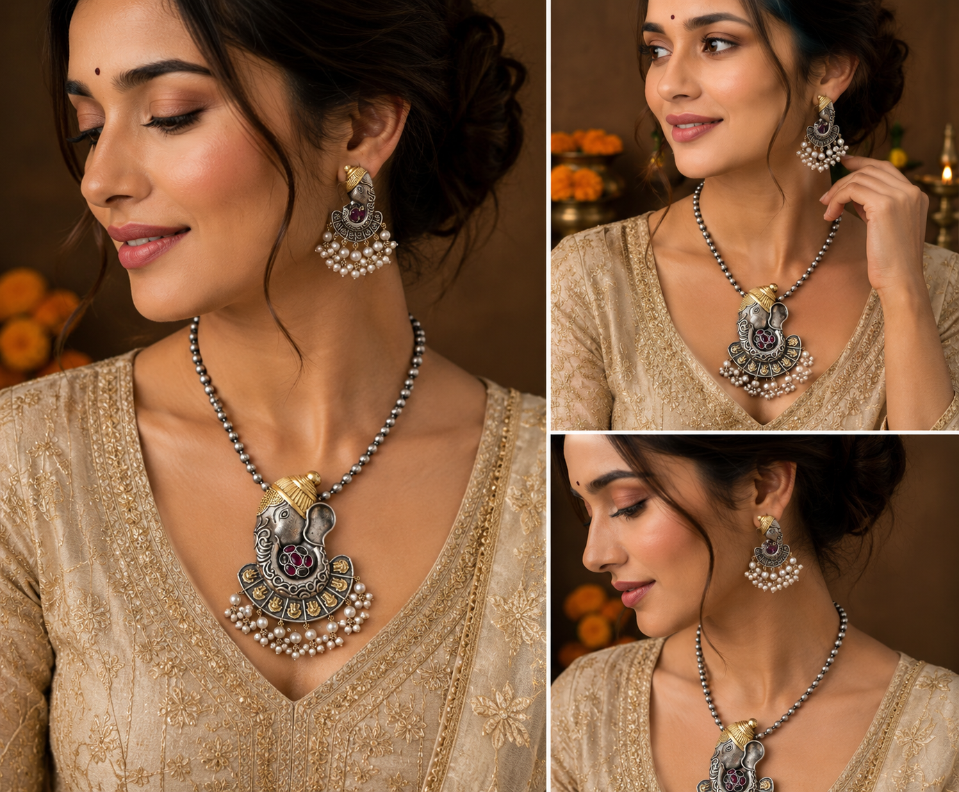 Ganesha Temple Oxidized Pendant Set