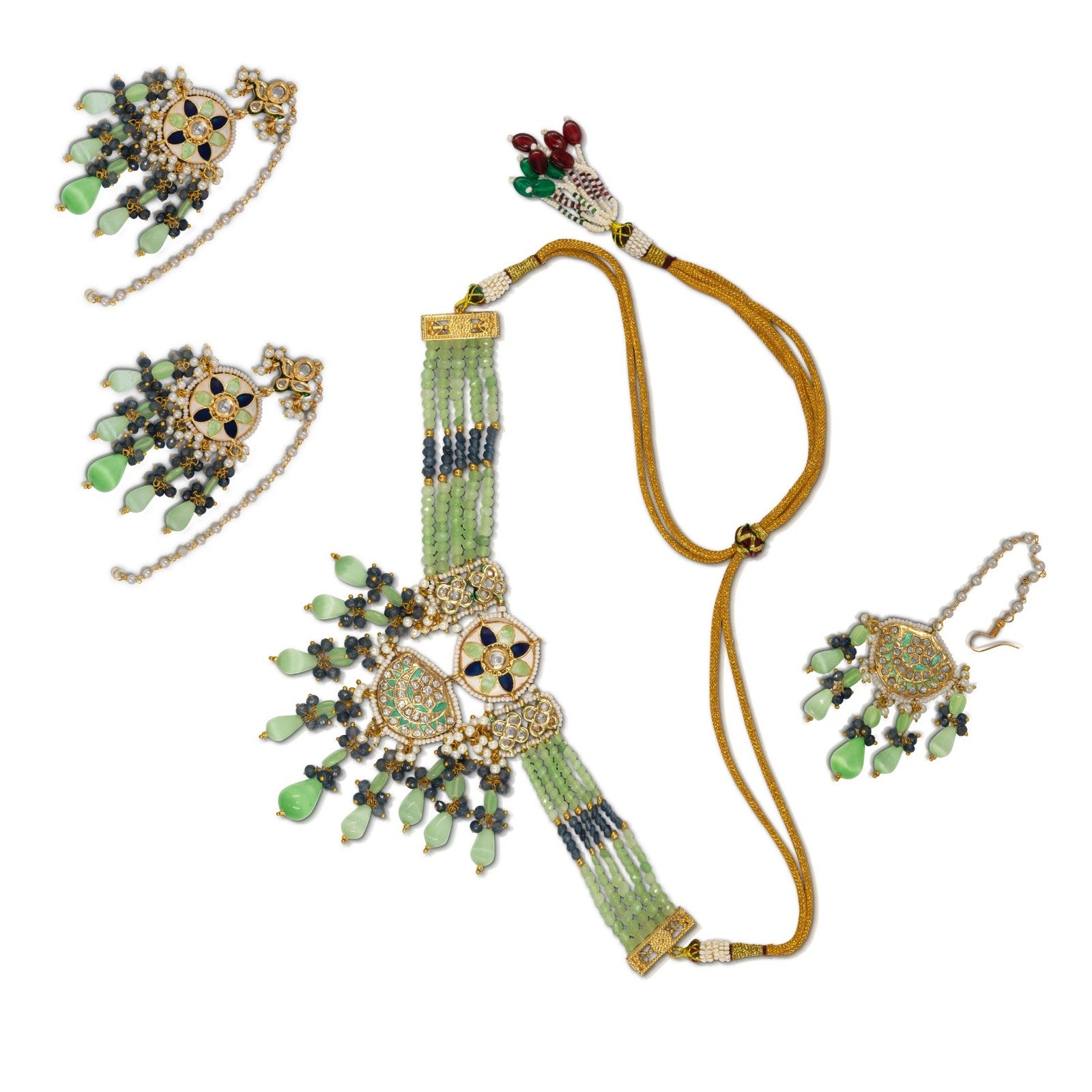 Meenakari Kundan Necklace Set with Tikka – Multi-Strand Beads