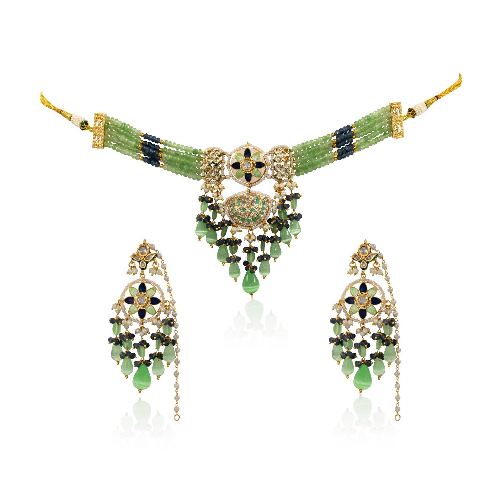 Meenakari Kundan Necklace Set with Tikka – Multi-Strand Beads