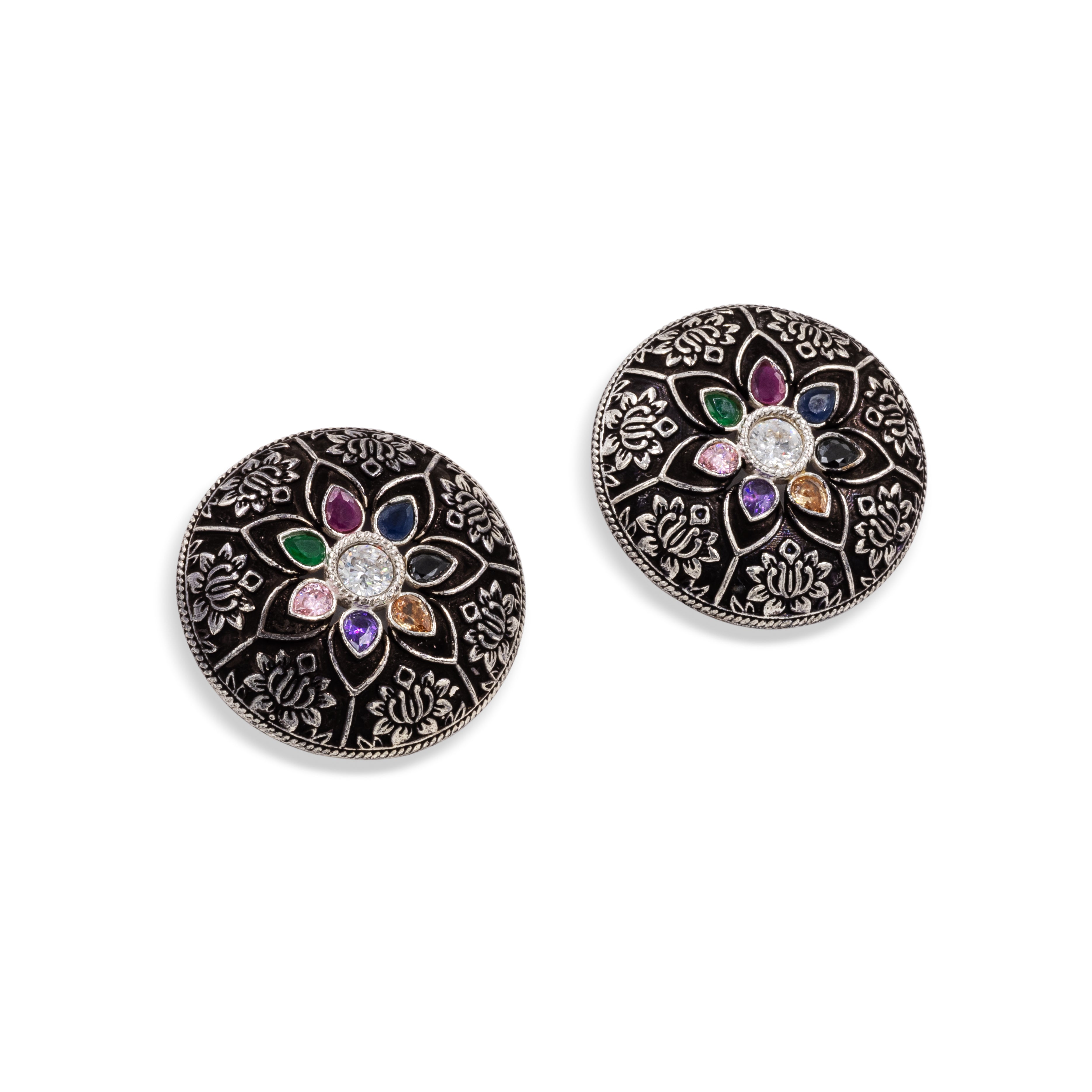 Navrang Oxidized Silver Stud Earrings – Multicolor Floral Design