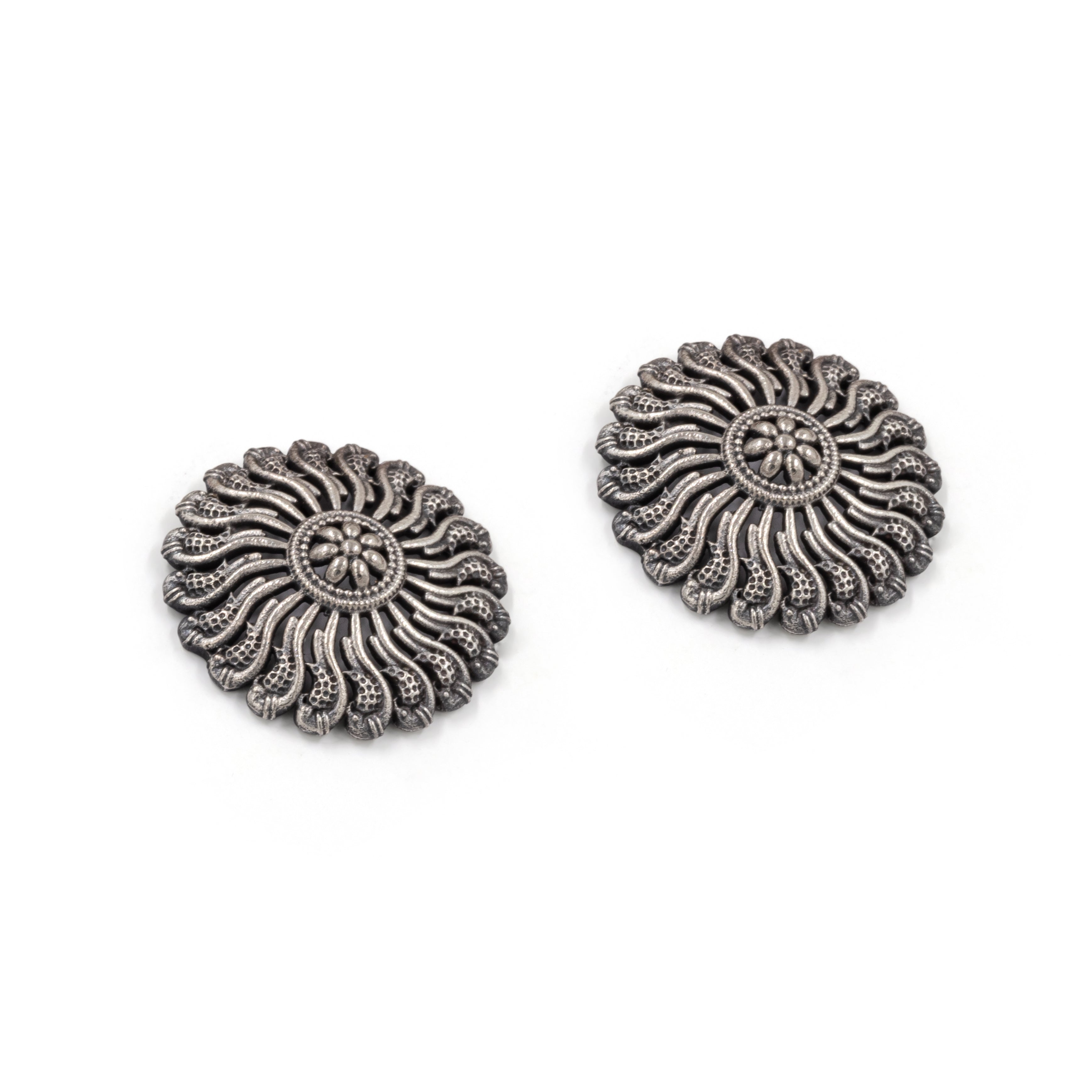 Oxidized Silver Sunburst Stud Earrings