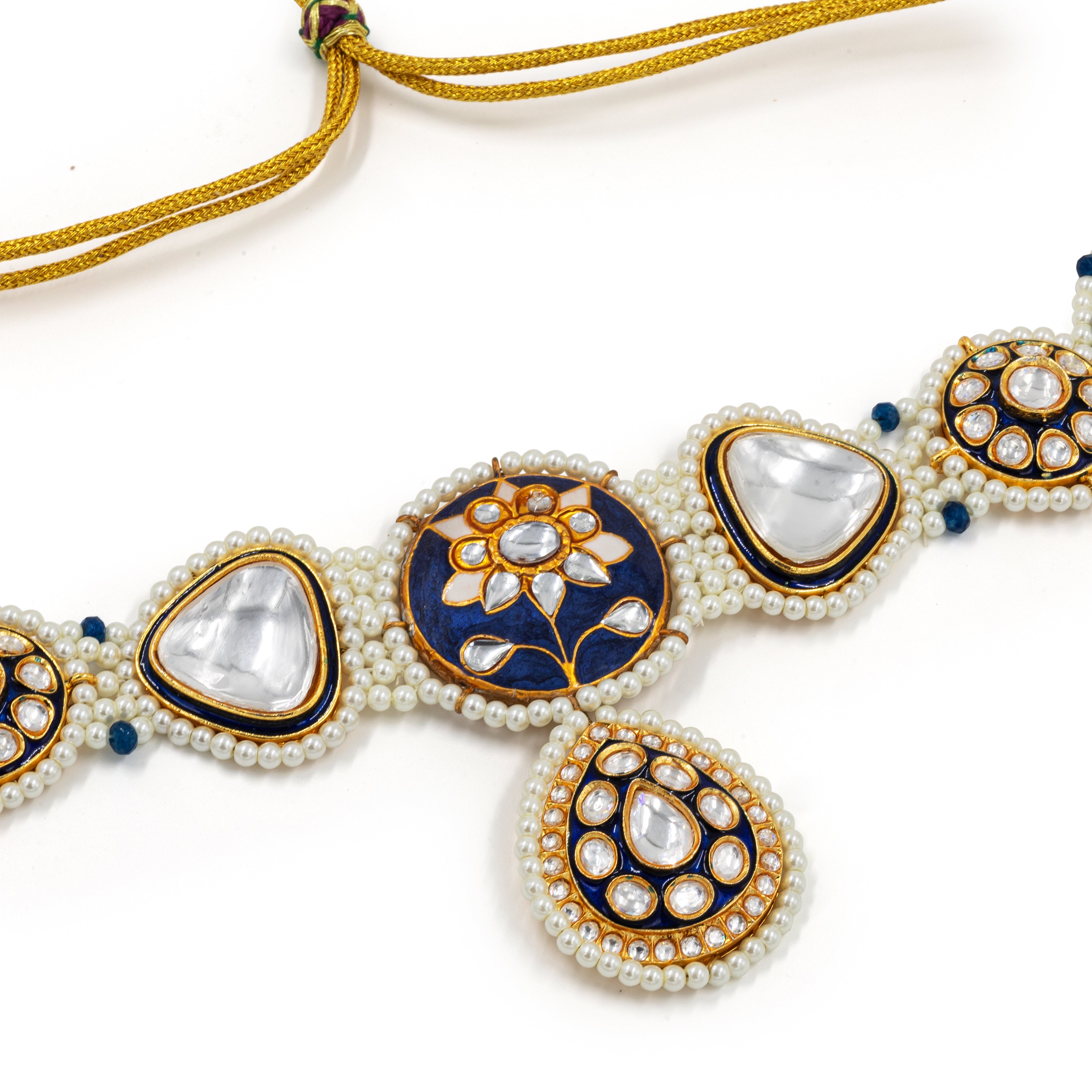 Kundan Pearl Lotus Choker Set – Enamel Centerpiece with Polki Drop