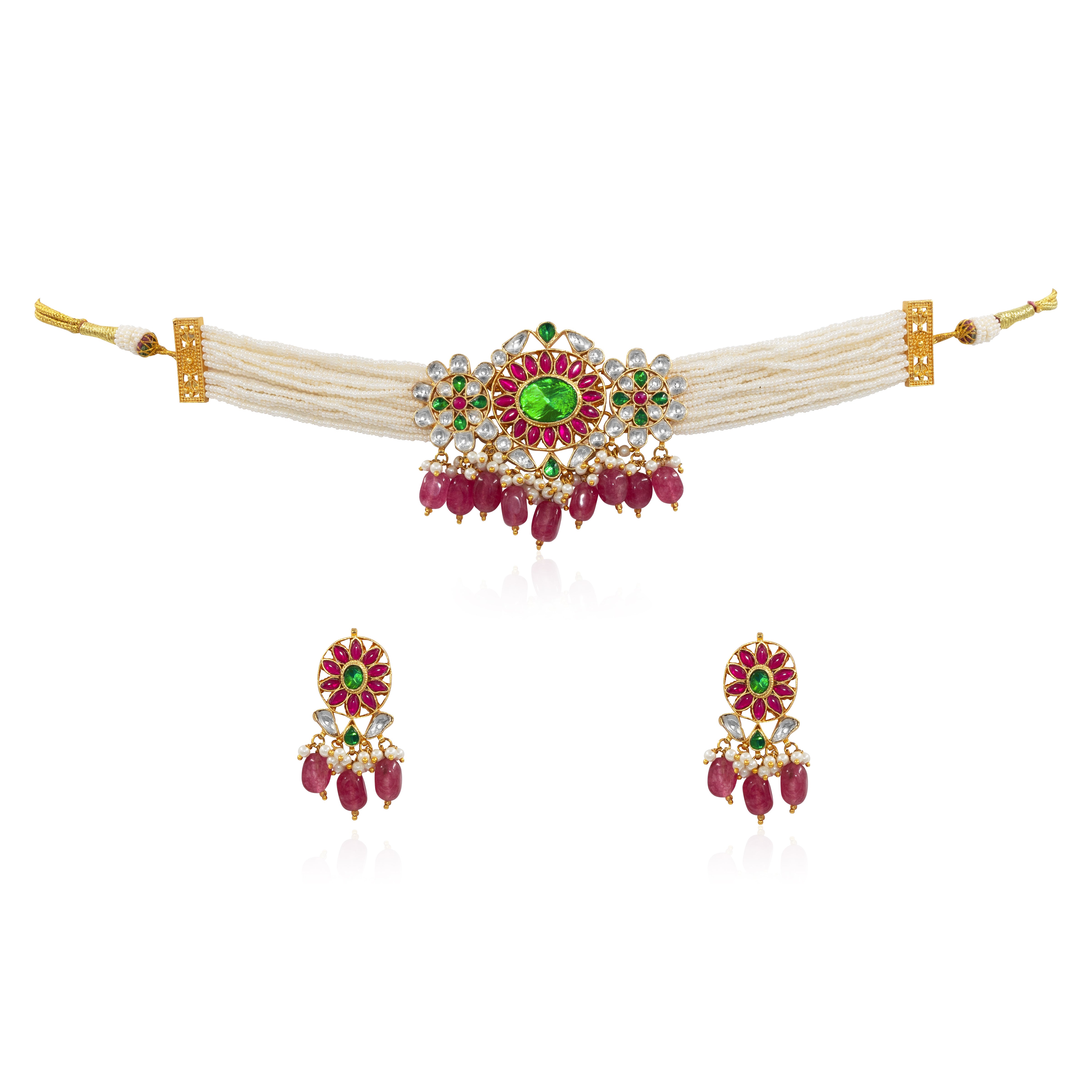Pacchi Jadau Green Pink Kundan Pearl Necklace Set