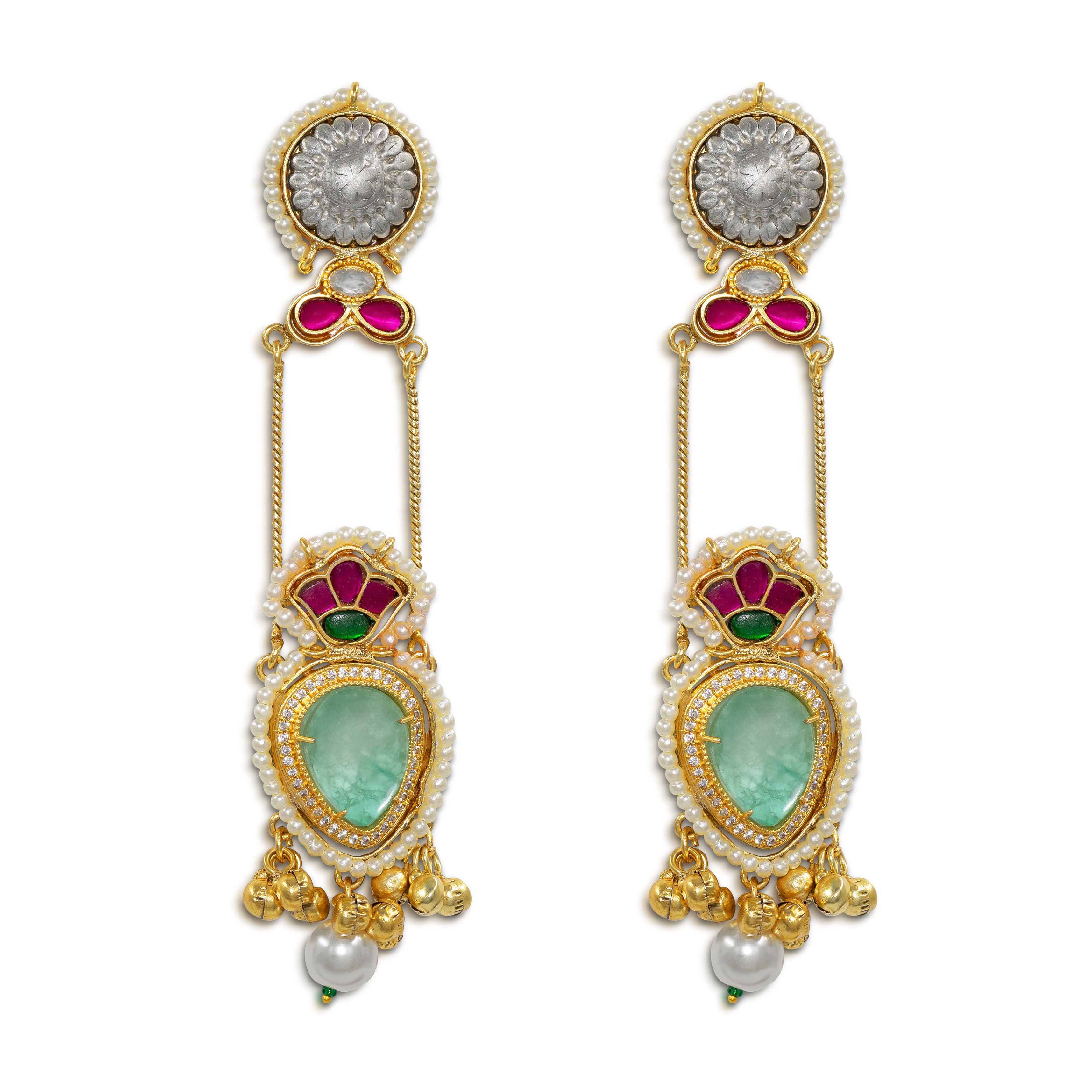 Kashmiri Heritage Drop Earrings with Pearl Accents
