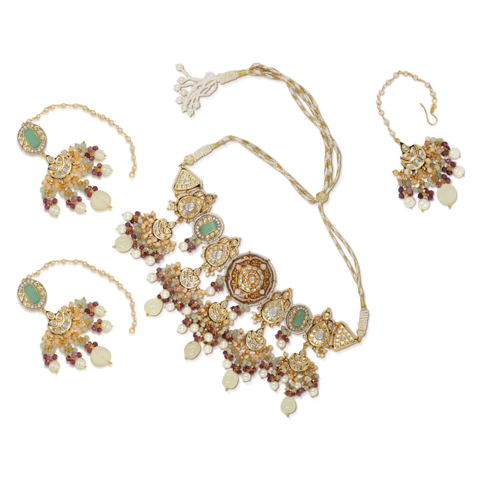 Red & Green Meenakari Kundan Bridal Necklace Set with Tikka