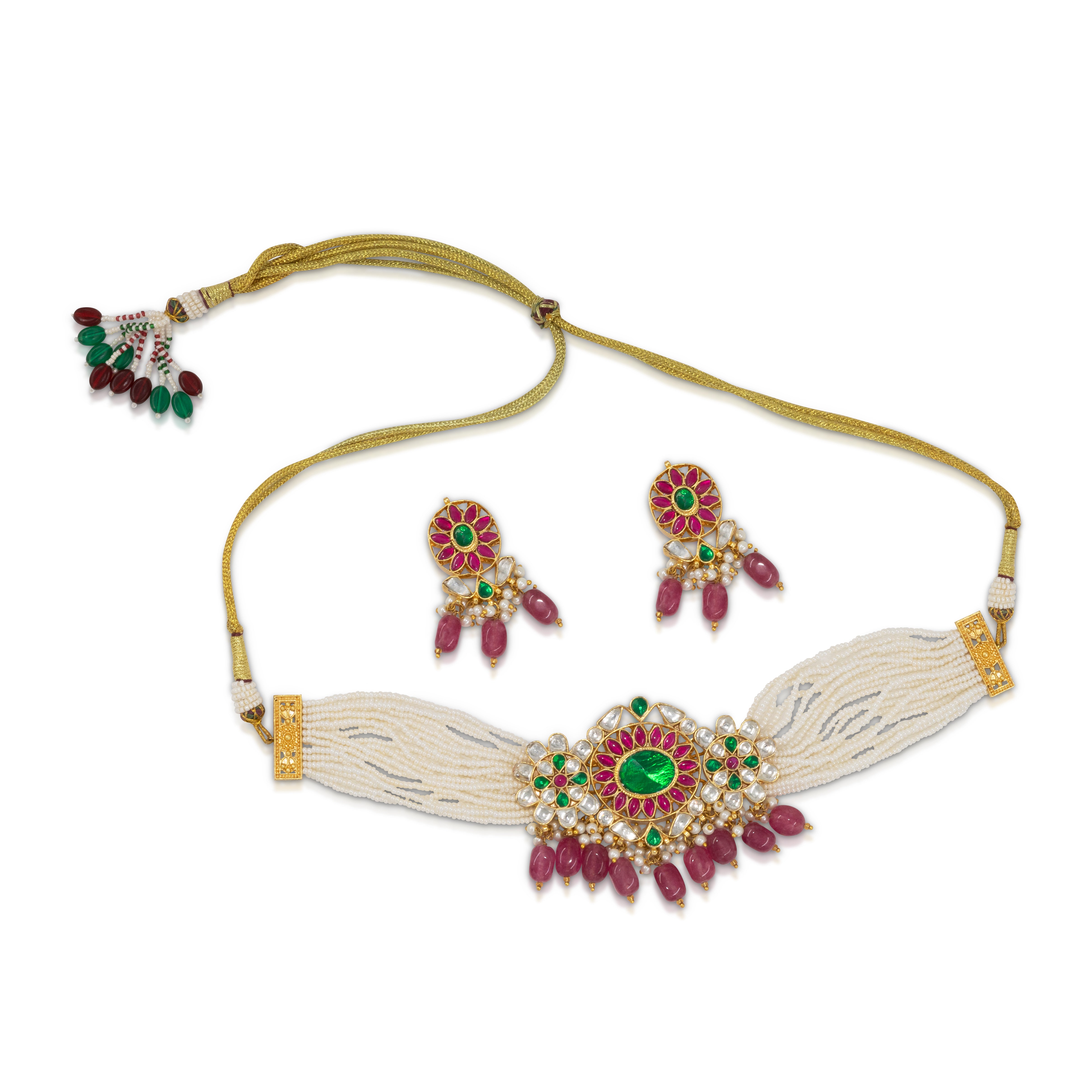 Pacchi Jadau Green Pink Kundan Pearl Necklace Set