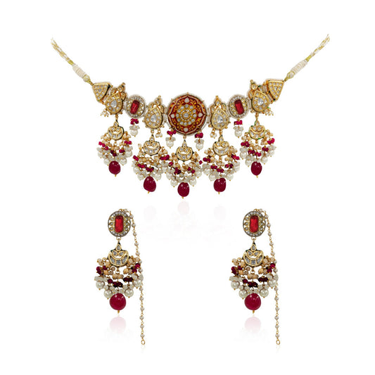 Classic Red Meenakari Kundan Bridal Necklace Set with Tikka