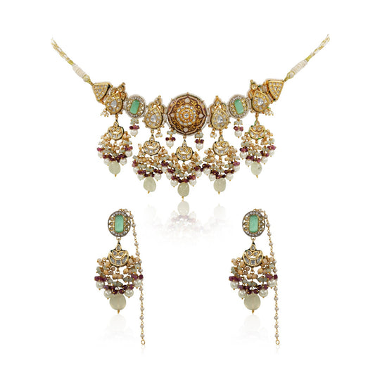 Red & Green Meenakari Kundan Bridal Necklace Set with Tikka