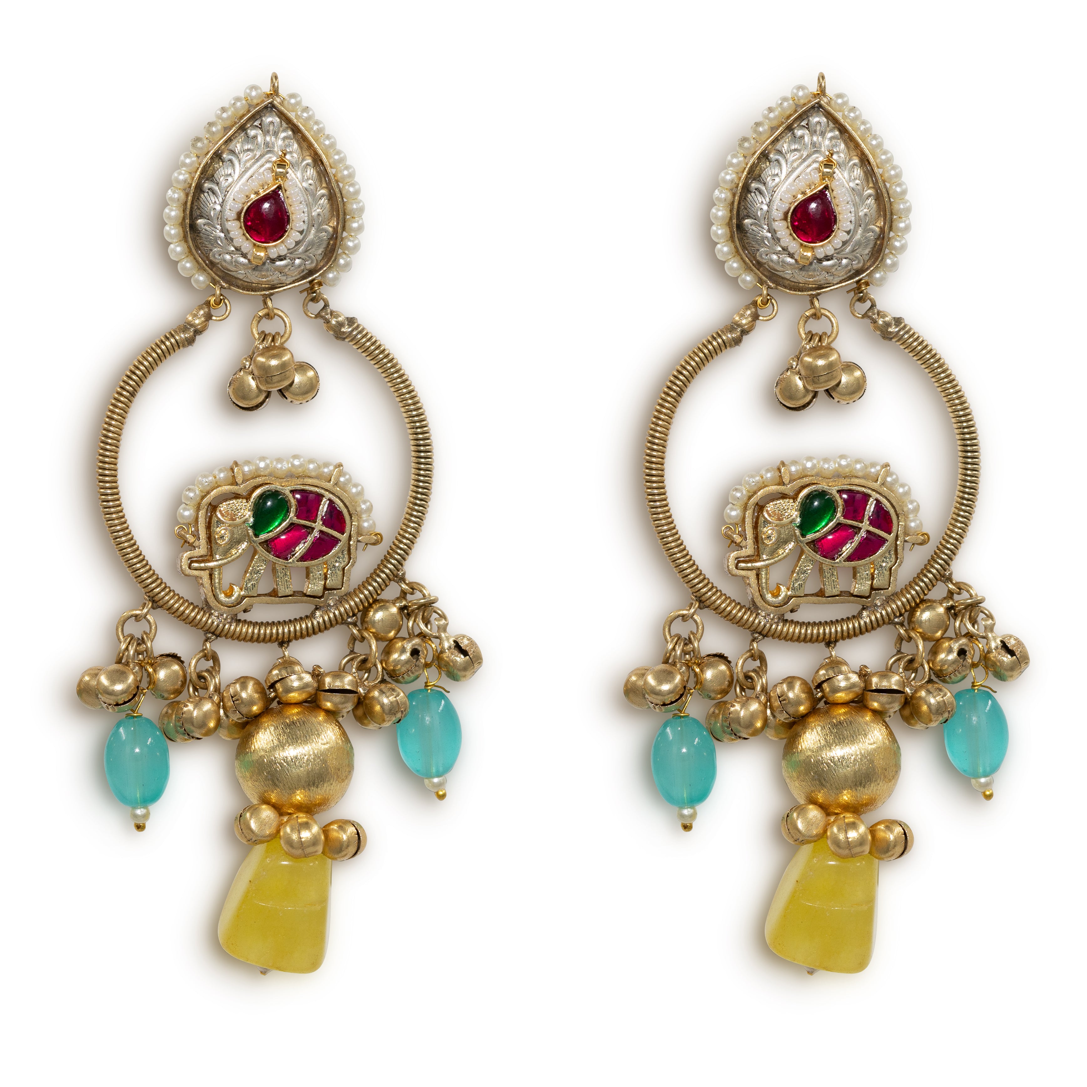 Kashmiri Elephant Hoop Danglers with Bead Drops