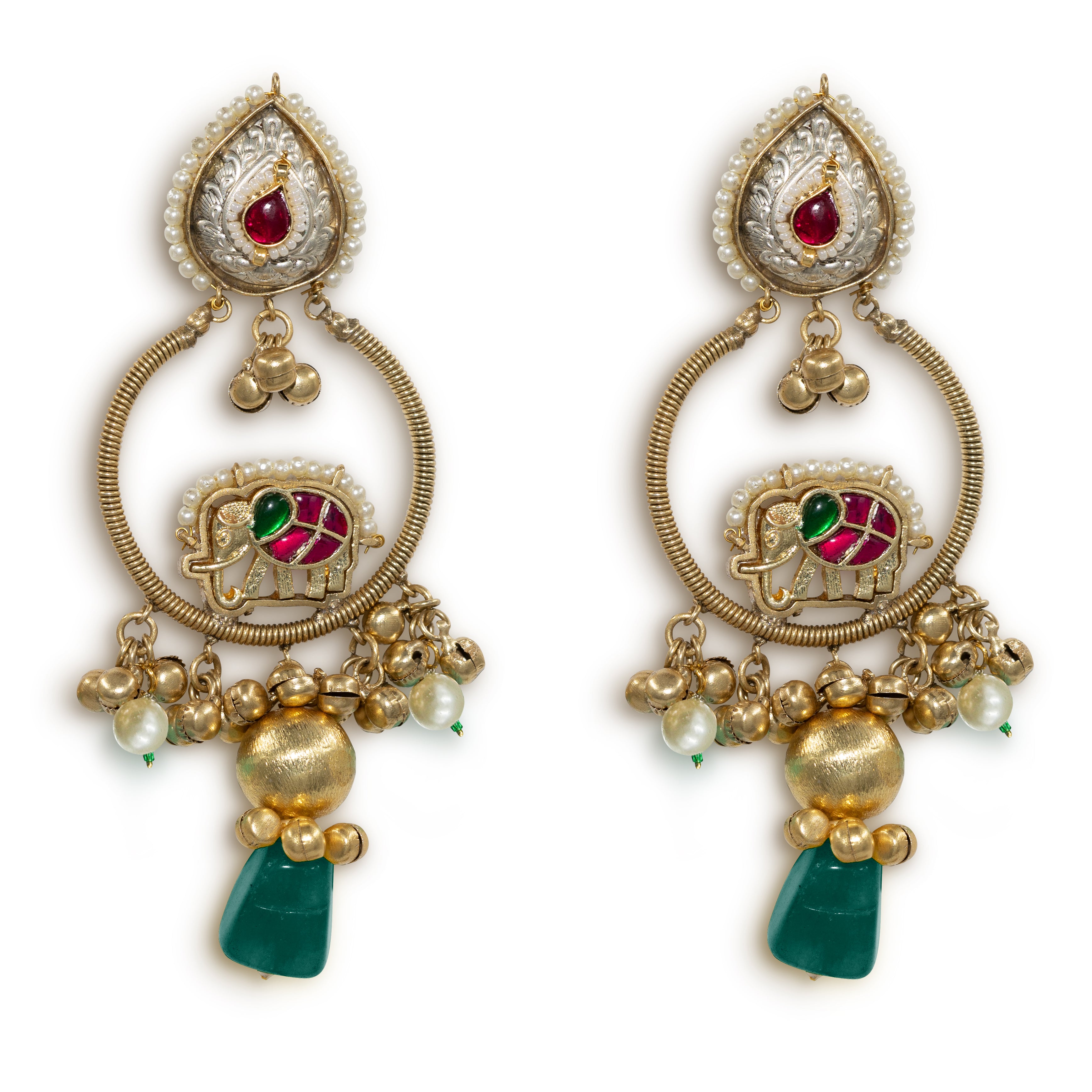 Kashmiri Elephant Hoop Danglers with Bead Drops