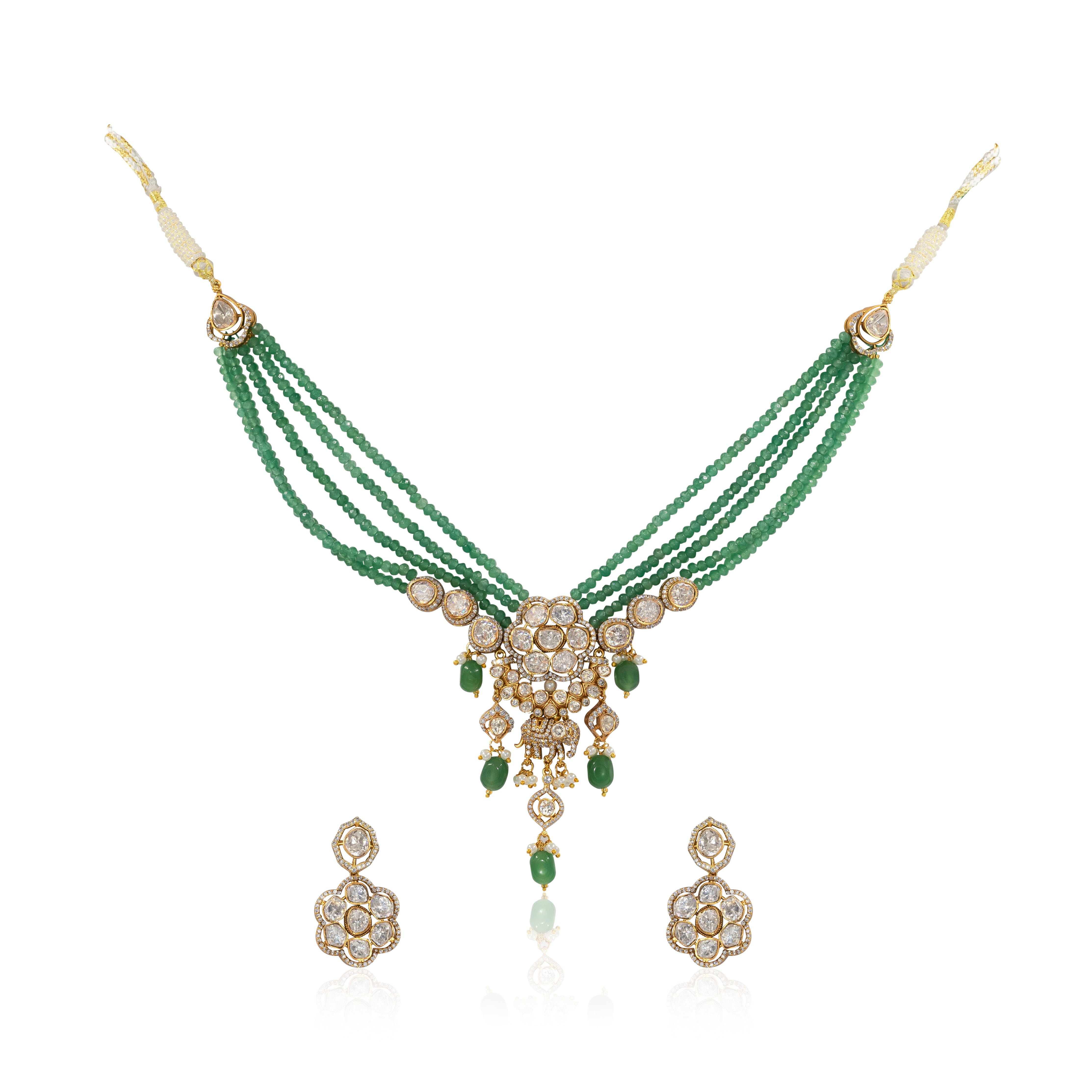 Emerald Polki Grand Bridal Set – Diamond-Look Polki with Statement Pendantt