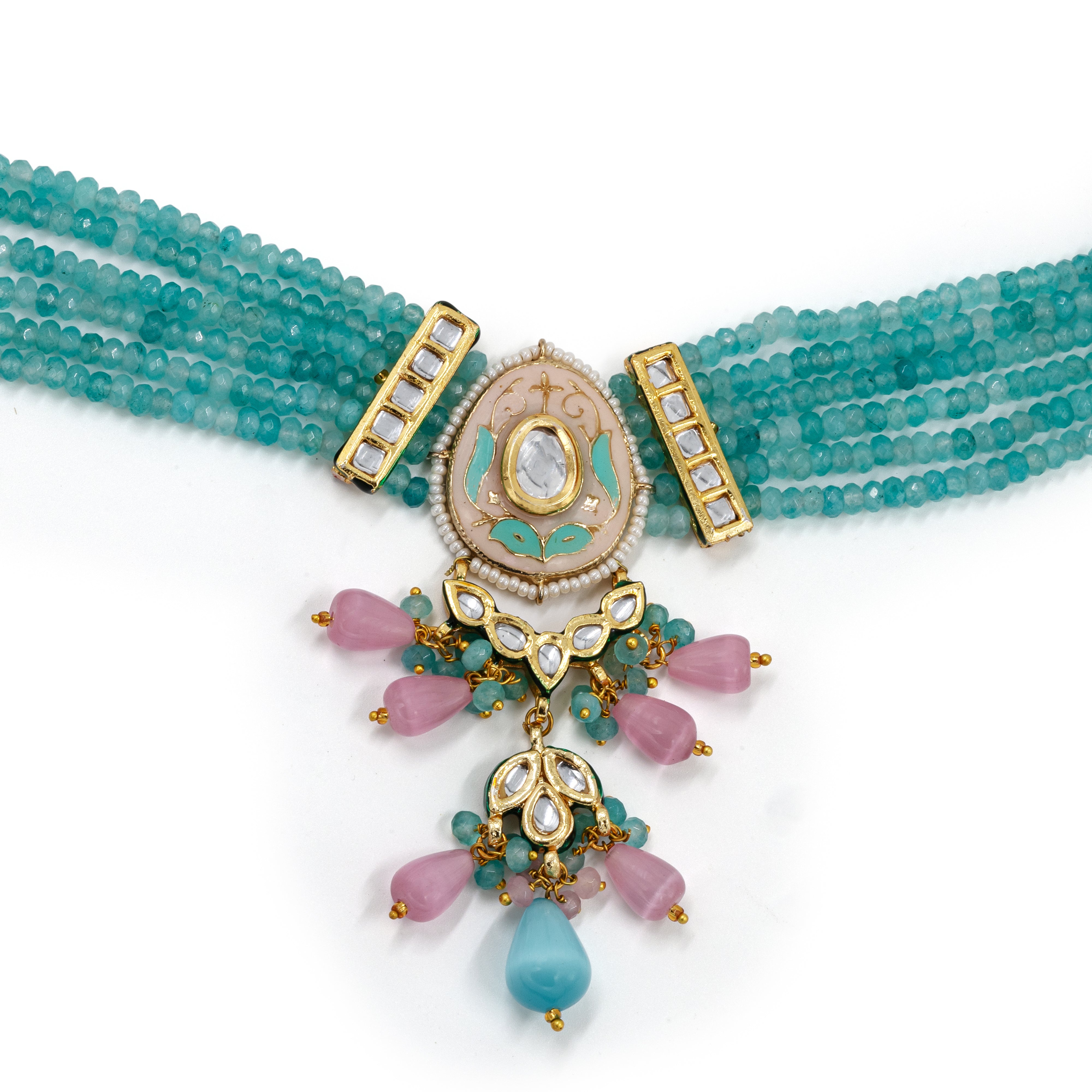 Meenakari Kundan Choker Set – Multi-Strand Beads with Pendant Drop