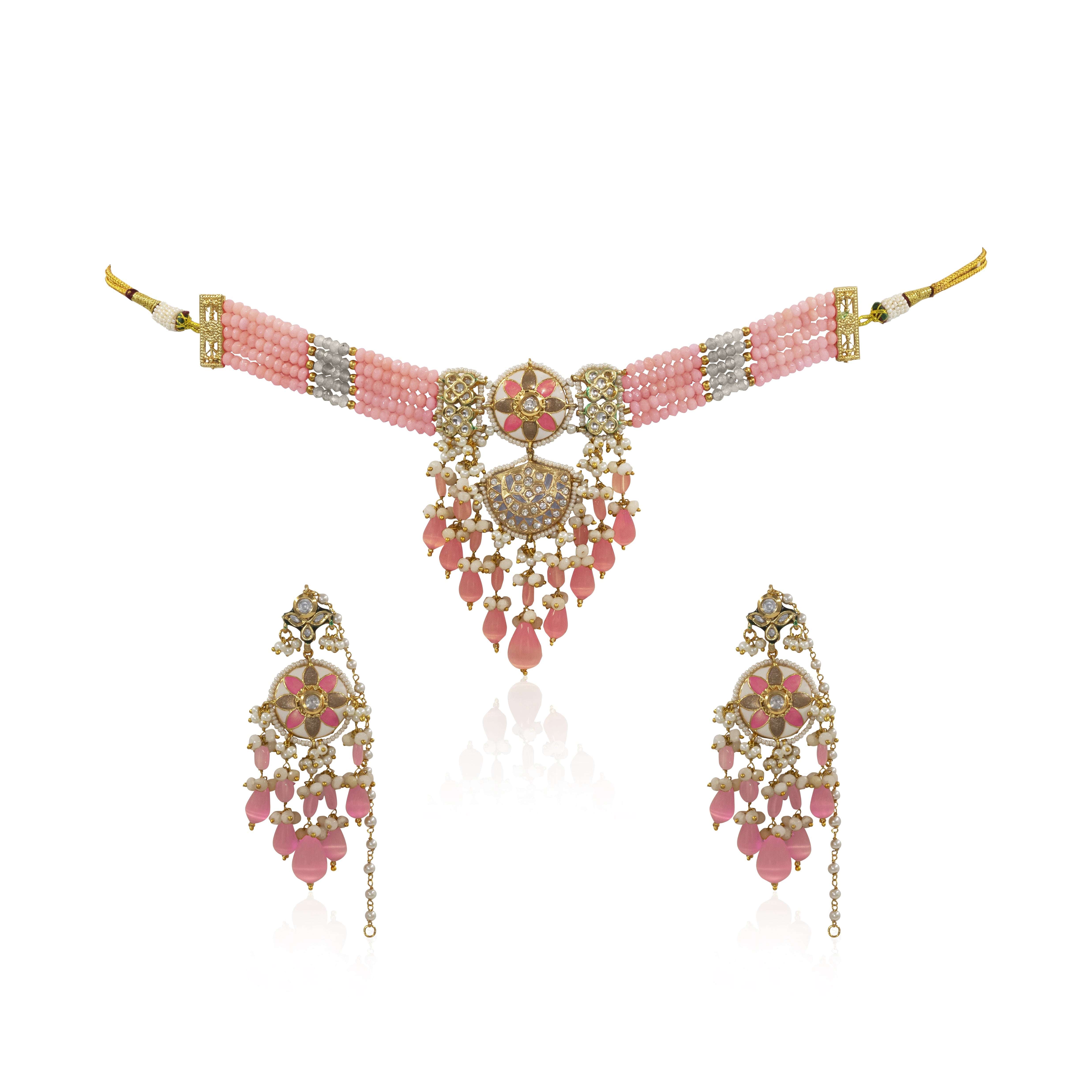 Meenakari Kundan Necklace Set with Tikka – Multi-Strand Beads