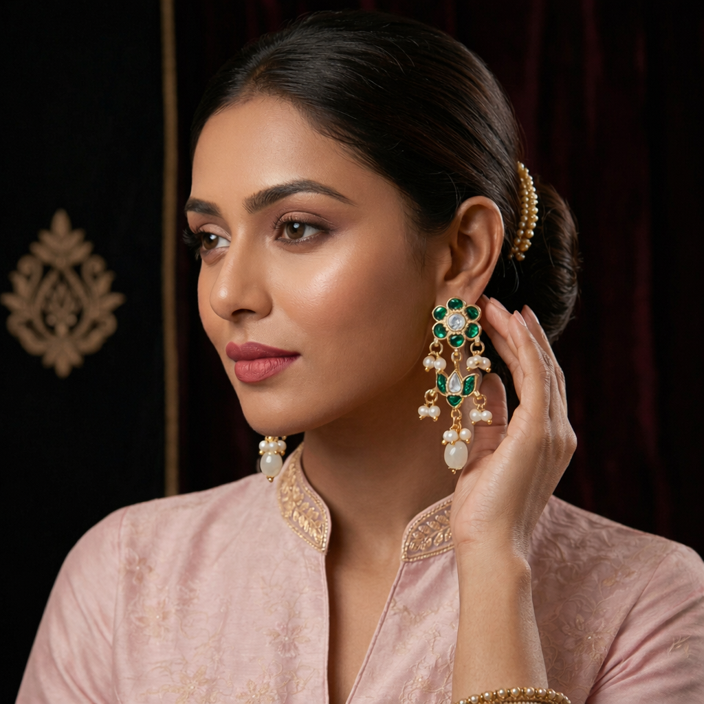 Jadau Floral Long Earrings