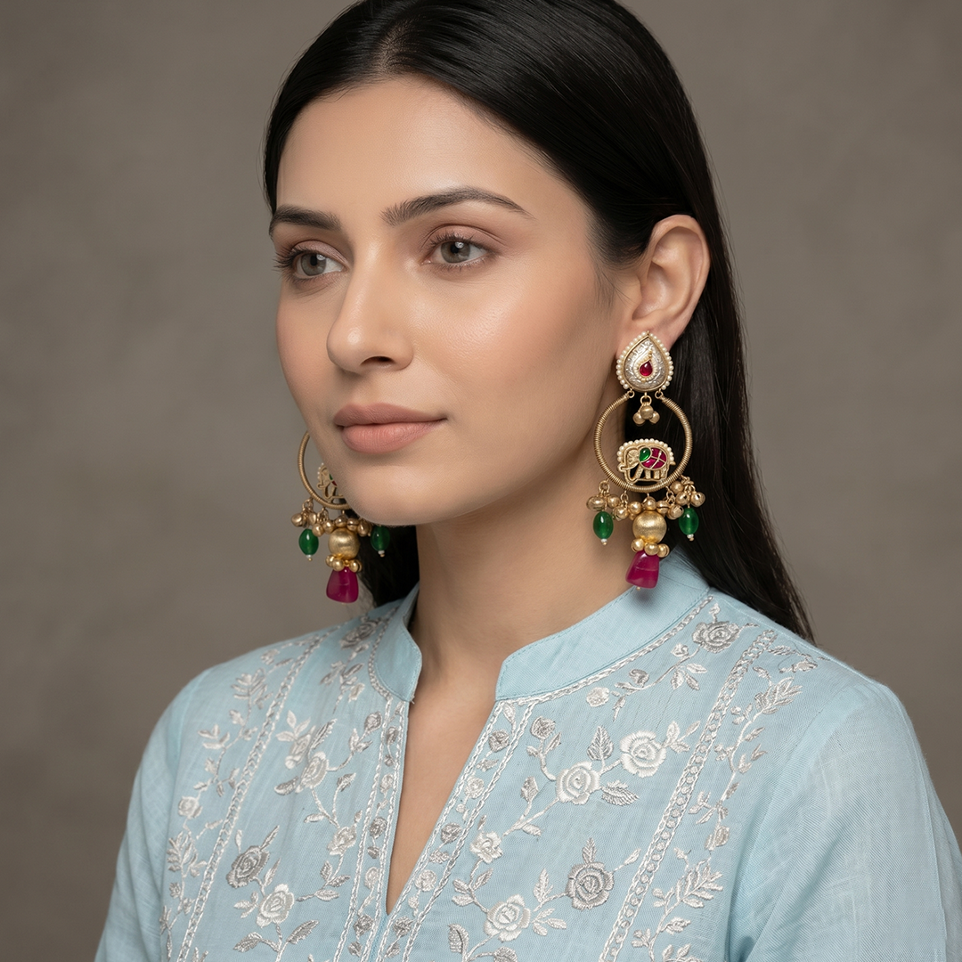 Kashmiri Elephant Hoop Danglers with Bead Drops