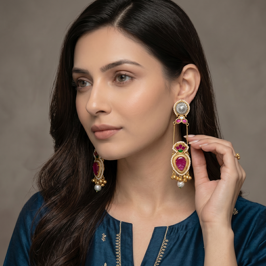Kashmiri Heritage Drop Earrings with Pearl Accents