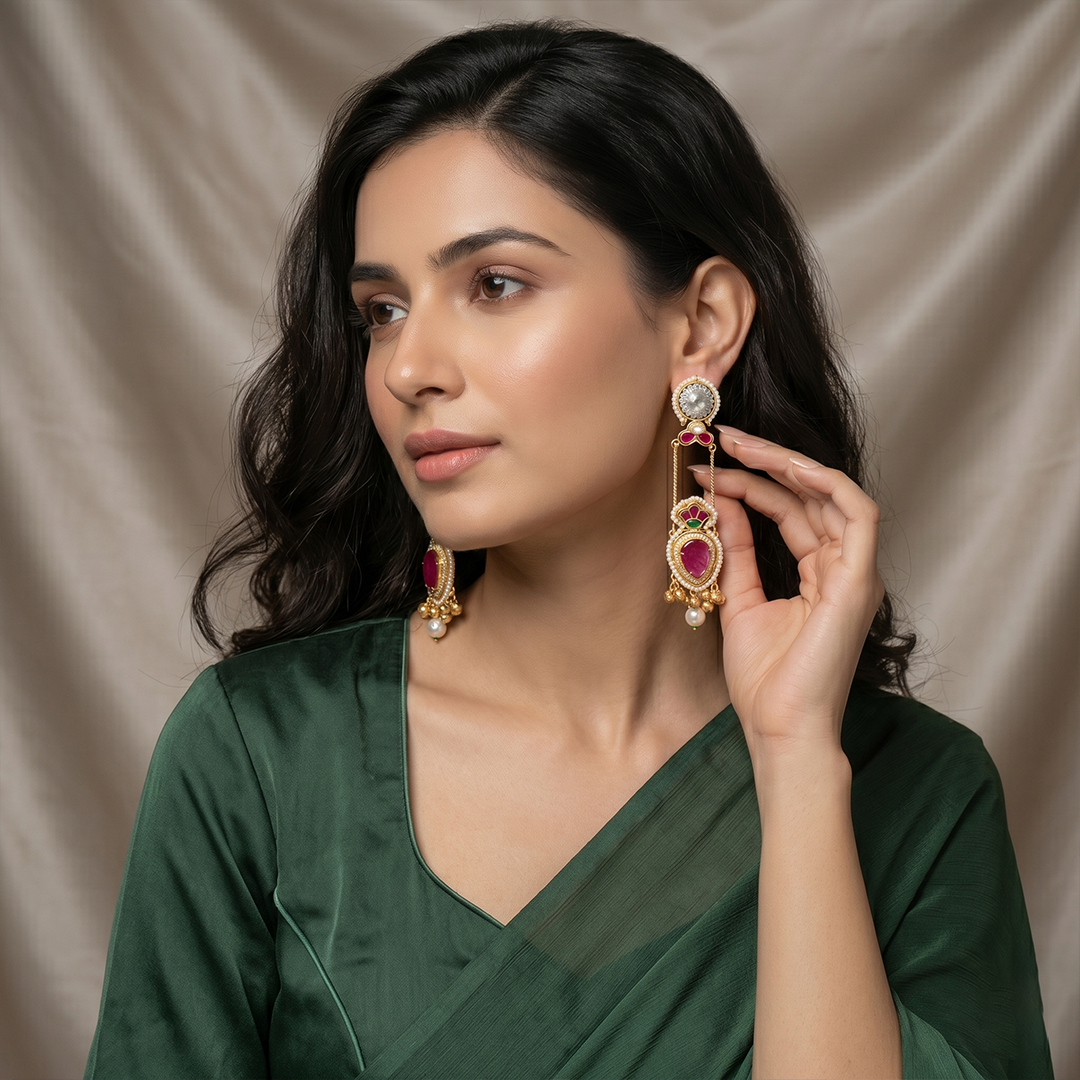 Kashmiri Heritage Drop Earrings with Pearl Accents