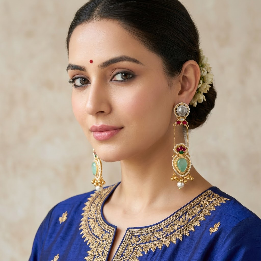 Kashmiri Heritage Drop Earrings with Pearl Accents